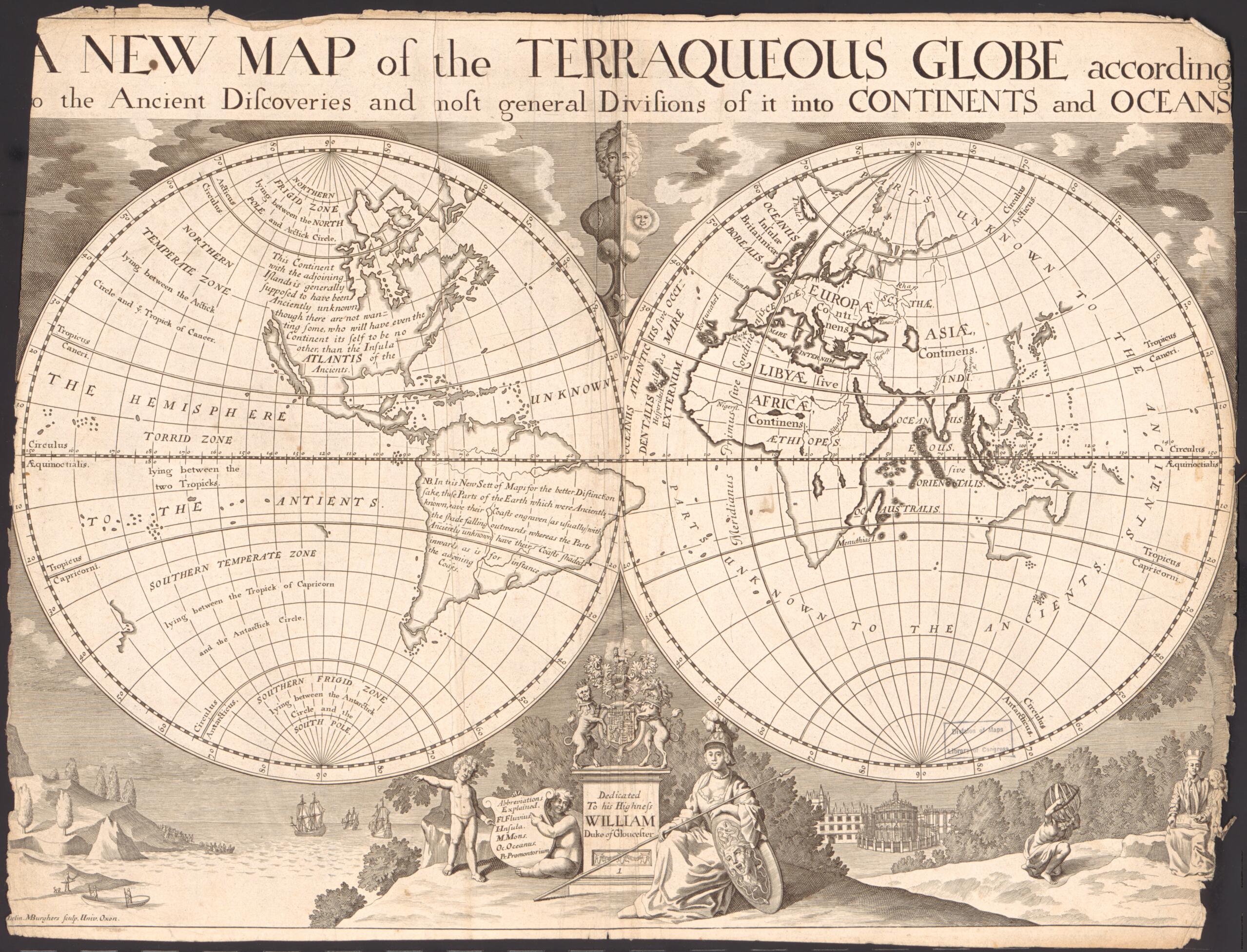This old map of A New Map of the Terraqueous Globe According to the Ancient Discoveries and Most General Divisions of It Into Continents and Oceans from 1718 was created by Michael Burghers, Edward Wells in 1718