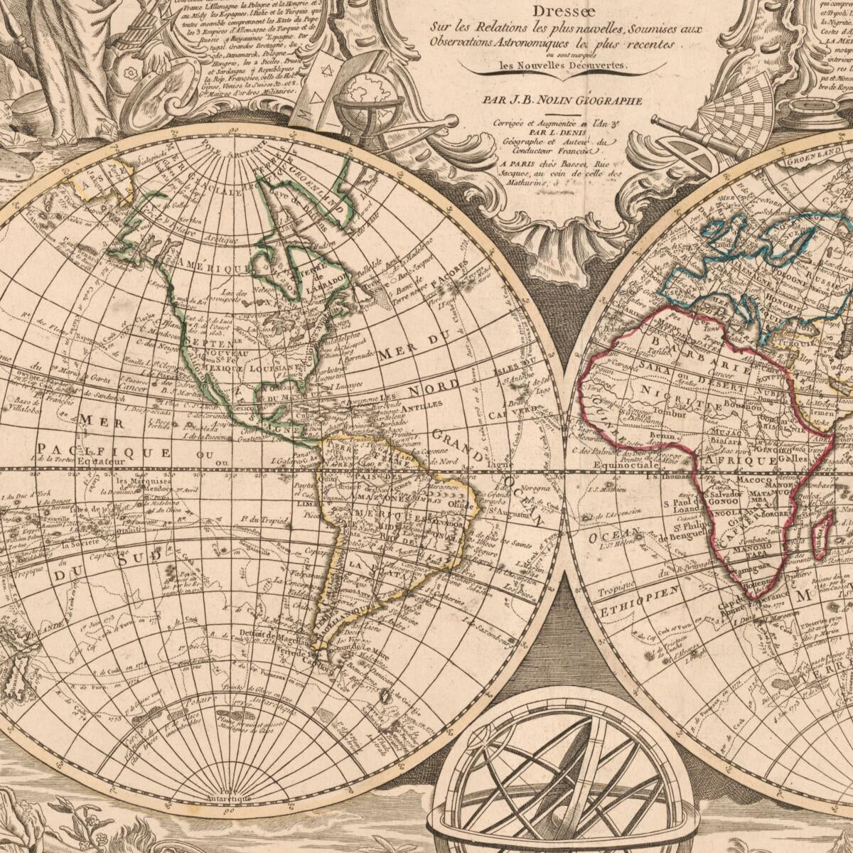This old map of Monde, Carte Universelle De La Terre : Dressee Sur Les Relations Les Plus Nouvelles Soumises Aux Observations Astronomiques Les Plus Recentes Ou Sont Marqueés Les Nouvelles Découvertes from 1794 was created by Jean Baptiste Nolin in 179