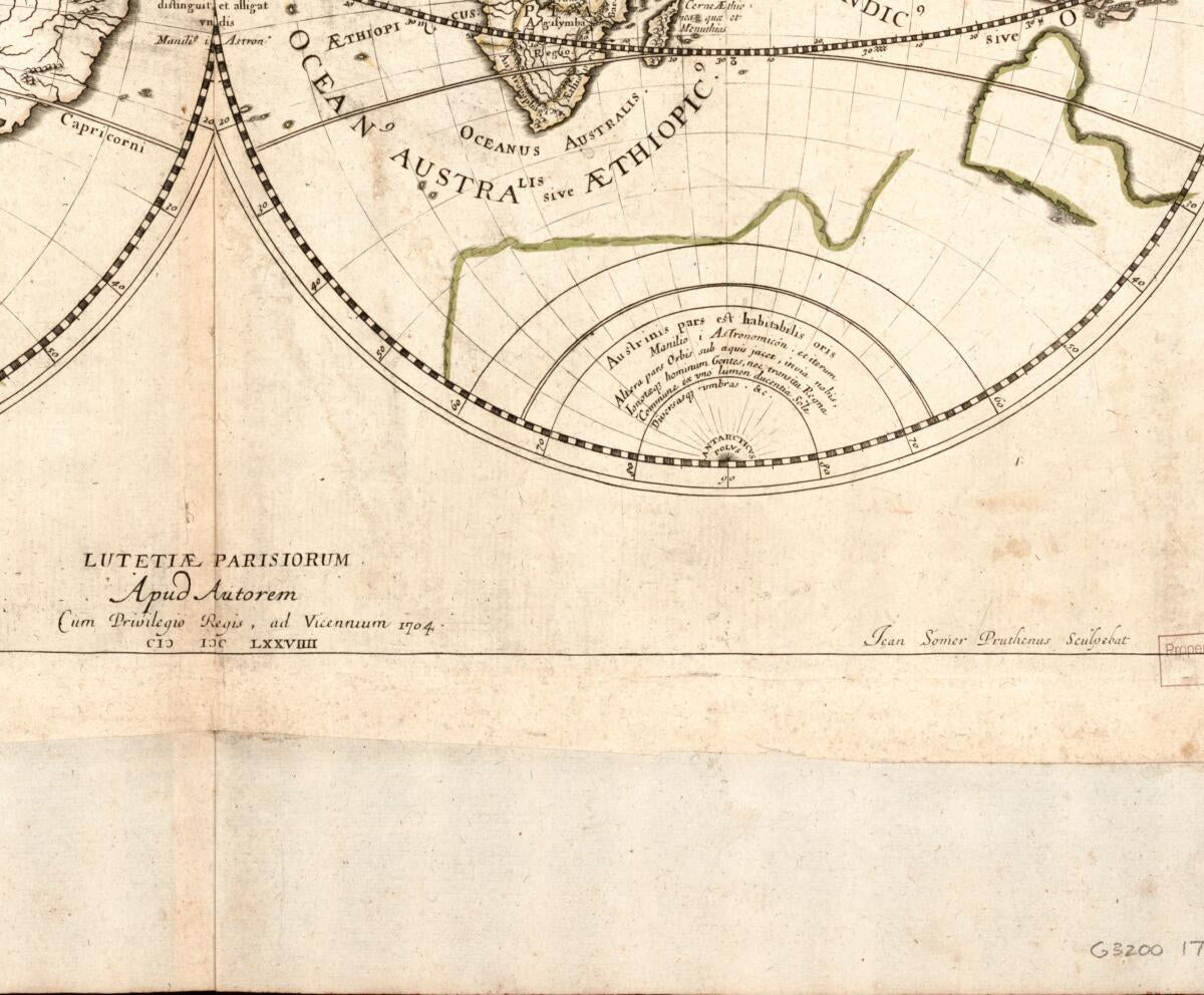 This old map of Orbis Vetus Et Orbis Veteris Utraque Continens, Terrarumque Tractus Arcticus Et Antarticus Ex Platone, Theopompo Sive Aeliano, Manilio &tc from 1704 was created by Nicolas Sanson, J. Somer in 1704
