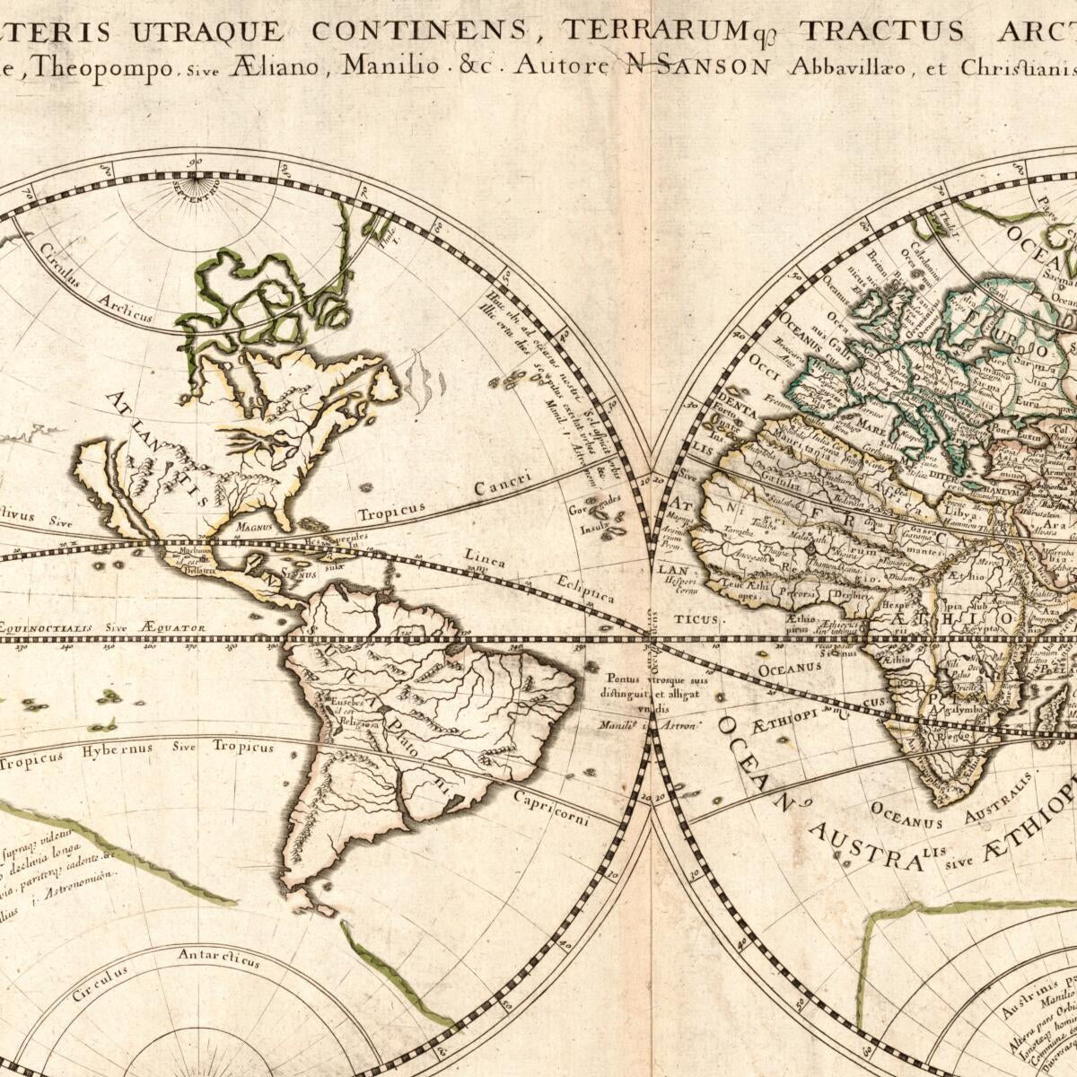 This old map of Orbis Vetus Et Orbis Veteris Utraque Continens, Terrarumque Tractus Arcticus Et Antarticus Ex Platone, Theopompo Sive Aeliano, Manilio &tc from 1704 was created by Nicolas Sanson, J. Somer in 1704