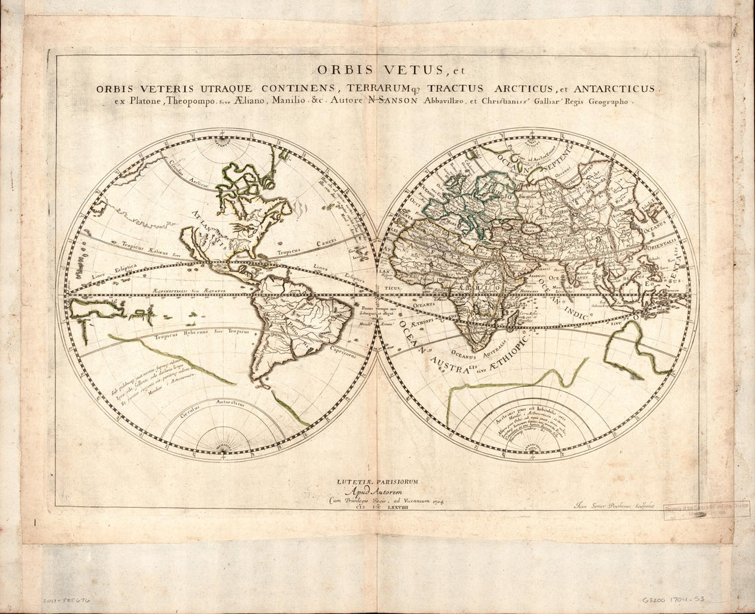 This old map of Orbis Vetus Et Orbis Veteris Utraque Continens, Terrarumque Tractus Arcticus Et Antarticus Ex Platone, Theopompo Sive Aeliano, Manilio &tc from 1704 was created by Nicolas Sanson, J. Somer in 1704