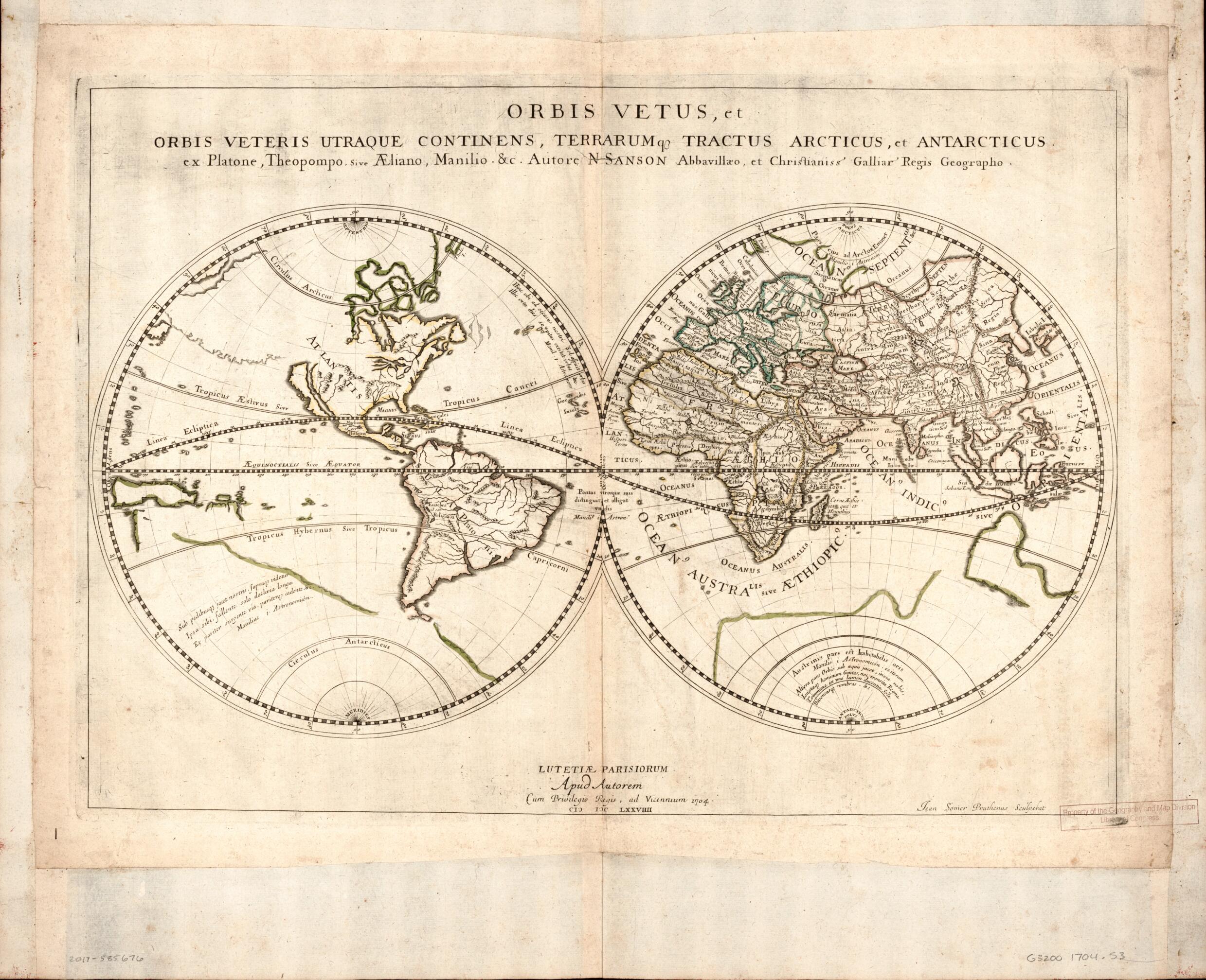 This old map of Orbis Vetus Et Orbis Veteris Utraque Continens, Terrarumque Tractus Arcticus Et Antarticus Ex Platone, Theopompo Sive Aeliano, Manilio &tc from 1704 was created by Nicolas Sanson, J. Somer in 1704