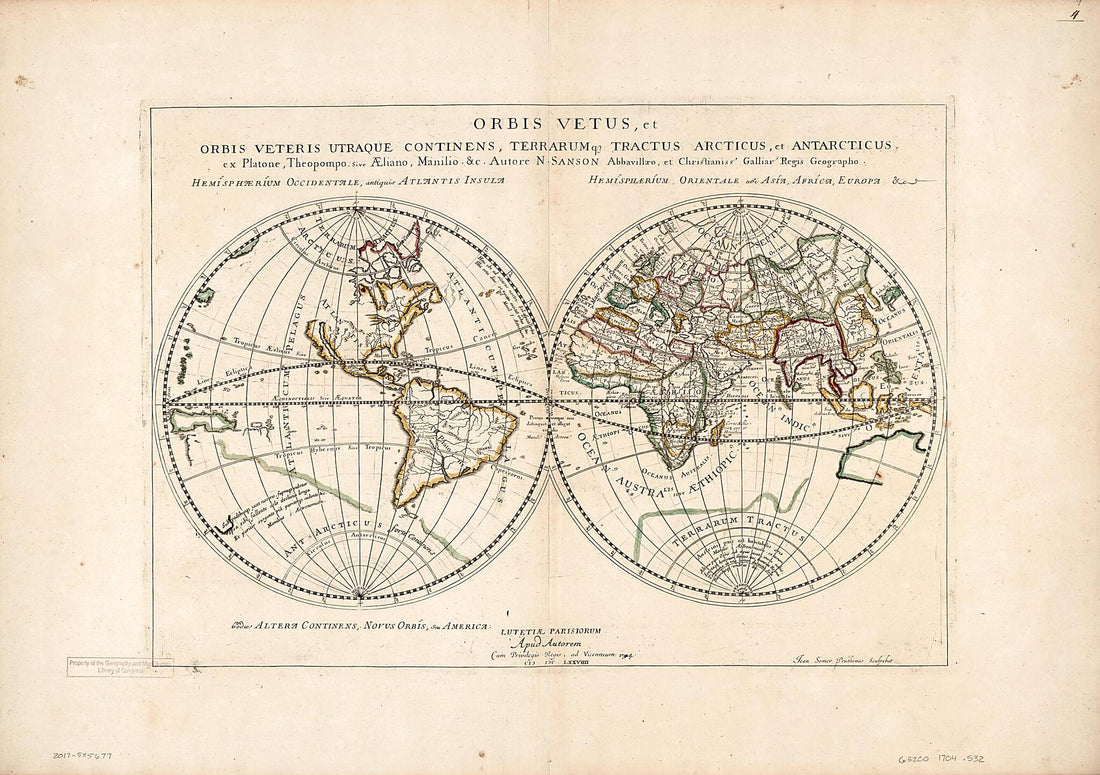 This old map of Orbis Vetus Et Orbis Veteris Utraque Continens, Terrarumque Tractus Arcticus Et Antarticus Ex Platone, Theopompo Sive Aeliano, Manilio &tc from 1704 was created by Nicolas Sanson, J. Somer in 1704