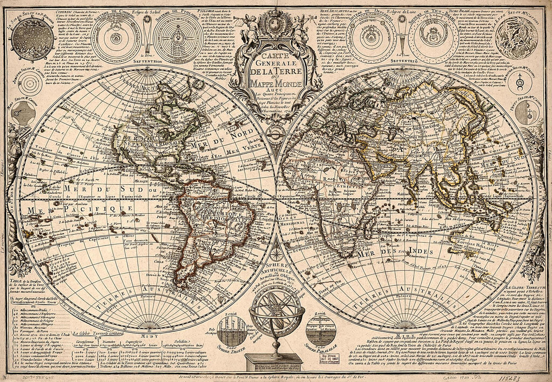 This old map of Carte Generale De La Terre : Ou Mappe Monde Auec Les Quatre Principau & Sistemes & Les Figures Des Sept Planetes Le Tout Selon Les Nouvelles Obseruations from 1729 was created by Guillaume Danet in 1729