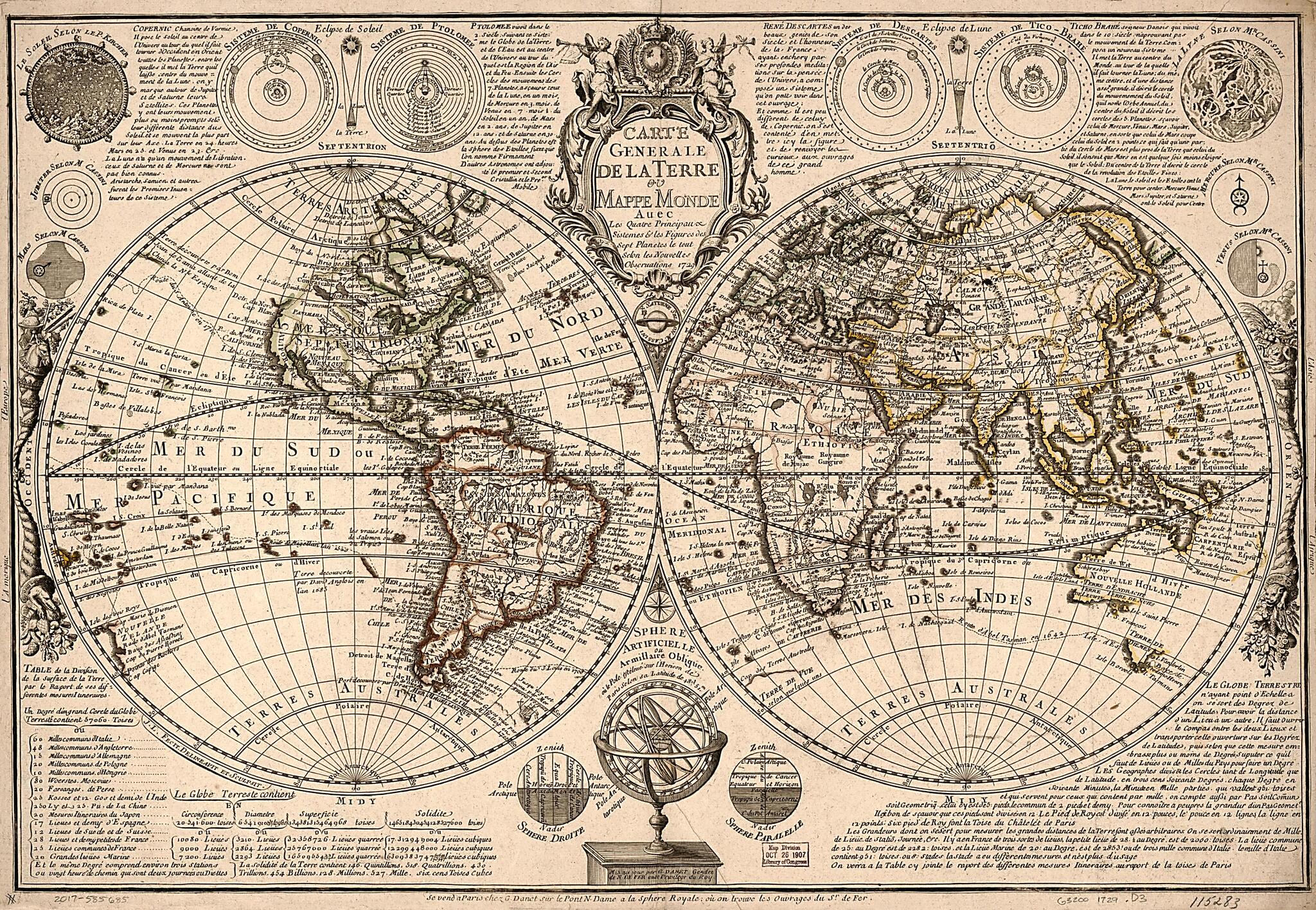 This old map of Carte Generale De La Terre : Ou Mappe Monde Auec Les Quatre Principau & Sistemes & Les Figures Des Sept Planetes Le Tout Selon Les Nouvelles Obseruations from 1729 was created by Guillaume Danet in 1729