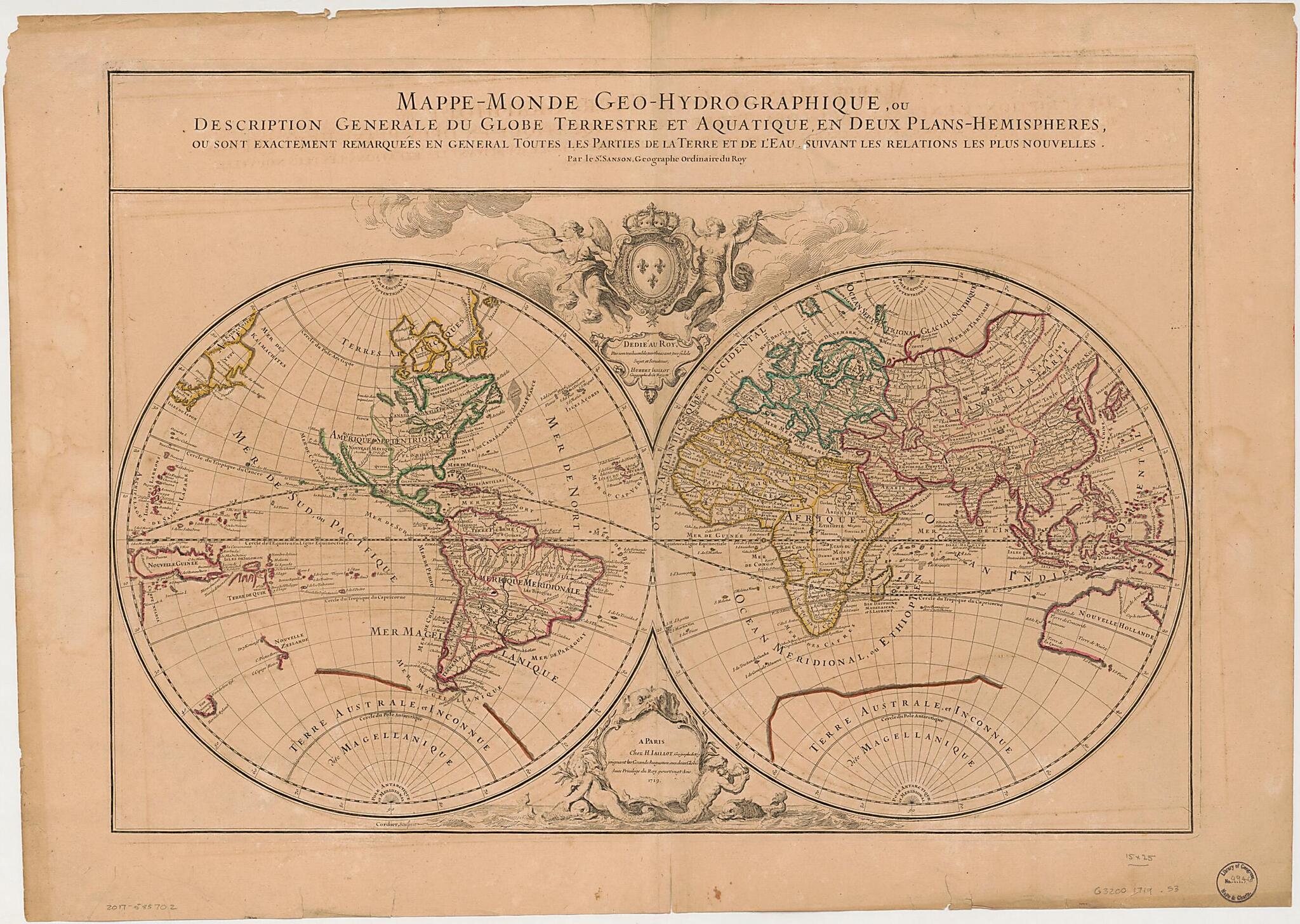 This old map of Monde Geo-hydrographique, Ou Description Generale Du Globe Terrestre Et Aquatique En Deux Plans-hemispheres, Ou Sont Exactement Remarquées En General Toutes Les Parties De La Terre Et De L&