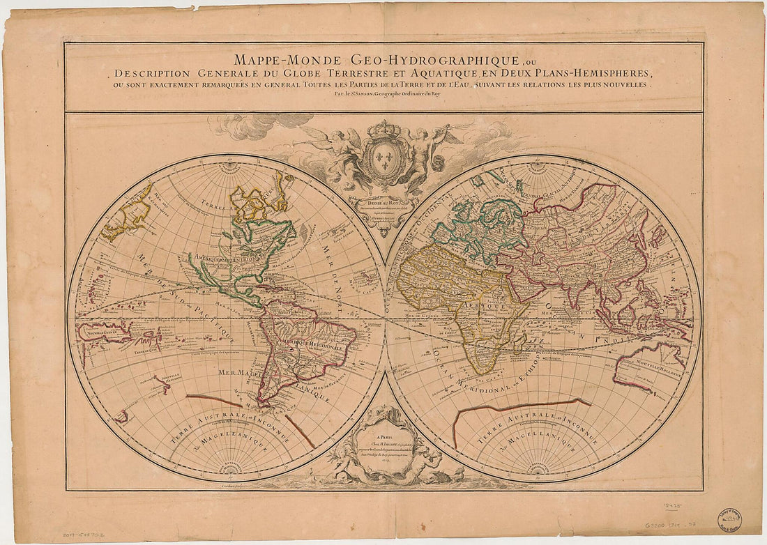 This old map of Monde Geo-hydrographique, Ou Description Generale Du Globe Terrestre Et Aquatique En Deux Plans-hemispheres, Ou Sont Exactement Remarquées En General Toutes Les Parties De La Terre Et De L&