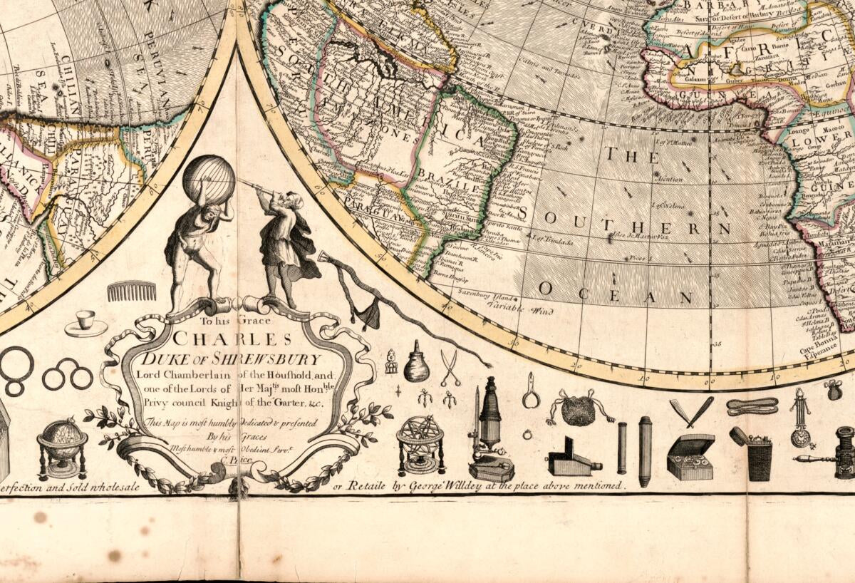 This old map of A New and Correct Map of the World Projected Upon the Plane of the Horizon Laid Down from the Newest Discoveries and Most Exact Observations from 1714 was created by Charles Price in 1714