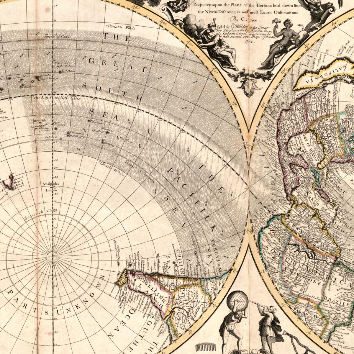 This old map of A New and Correct Map of the World Projected Upon the Plane of the Horizon Laid Down from the Newest Discoveries and Most Exact Observations from 1714 was created by Charles Price in 1714