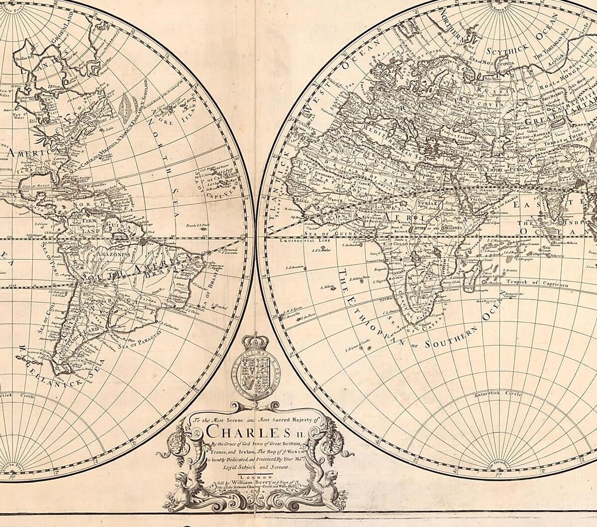 This old map of A Mapp of All the World Projected In Two Hemispheres In Which Are Exactly Described All the Parts of the Earth and Seas from 1680 was created by William Berry, Nicolas Sanson in 1680