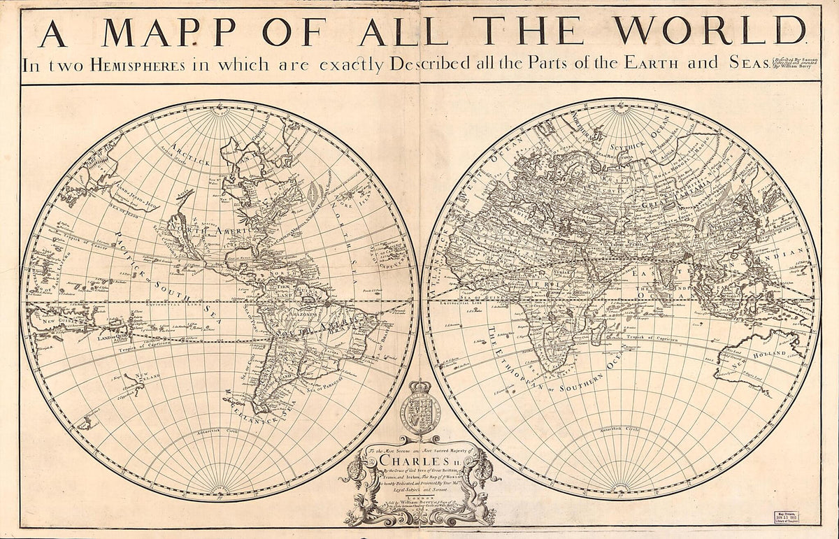 A Mapp of All the World Projected In Two Hemispheres In Which Are Exactly Described All the Parts of the Earth and Seas 1680 by Relic Map Company