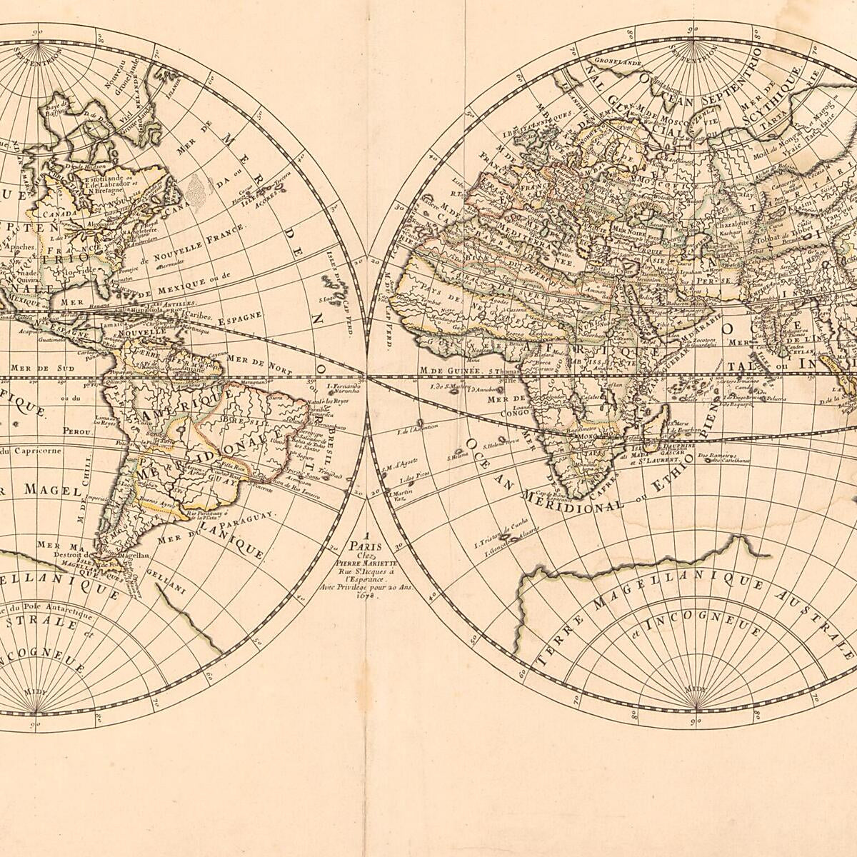 This old map of Monde, Ou Carte Generale Du Globe Terrestre : Representée En Deux Plan-hemispheres : Reveiie Et Changée En Plusieurs Endroits Suivant Les Relations Les Plus Recentes from 1678 was created by Pierre Mariette, Nicolas Sanson in 1678
