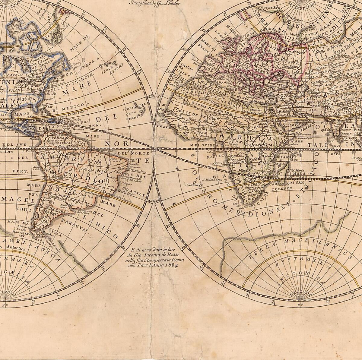 This old map of Mappa Mondo O Vero Carta Generale Del Globo Terestre : Rapresentato In Due Planisferi è Nouamente Coretta E In Piu Parte Aumentata Secondo Le Relatione Piu Recente from 1684 was created by J. Luillier, Nicolas Sanson in 1684