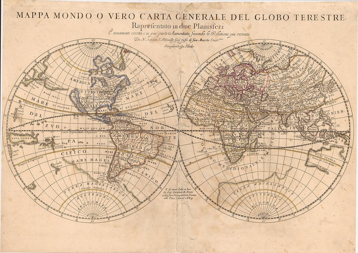 Mappa Mondo O Vero Carta Generale Del Globo Terestre : Rapresentato In Due Planisferi è Nouamente Coretta E In Piu Parte Aumentata Secondo Le Relatione Piu Recente 1684 by Relic Map Company