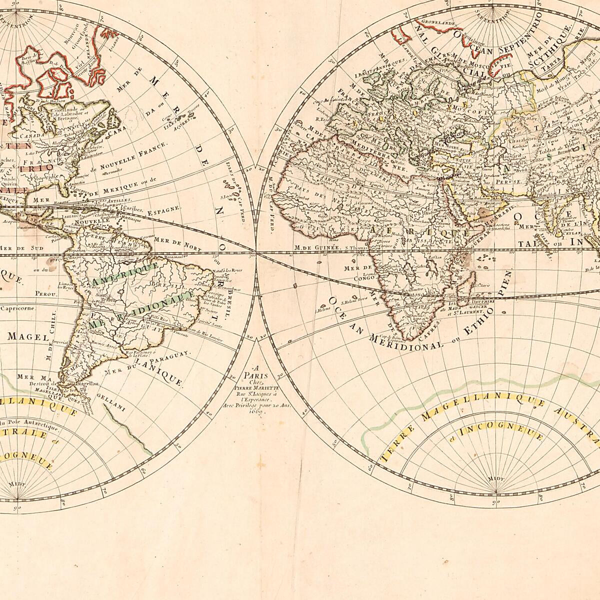 This old map of Monde, Ou Carte Generale Du Globe Terrestre : Representée En Deux Plan-hemispheres : Reveiie Et Changée En Plusieurs Endroits Suivant Les Relations Les Plus Recentes from 1669 was created by Pierre Mariette, Nicolas Sanson in 1669