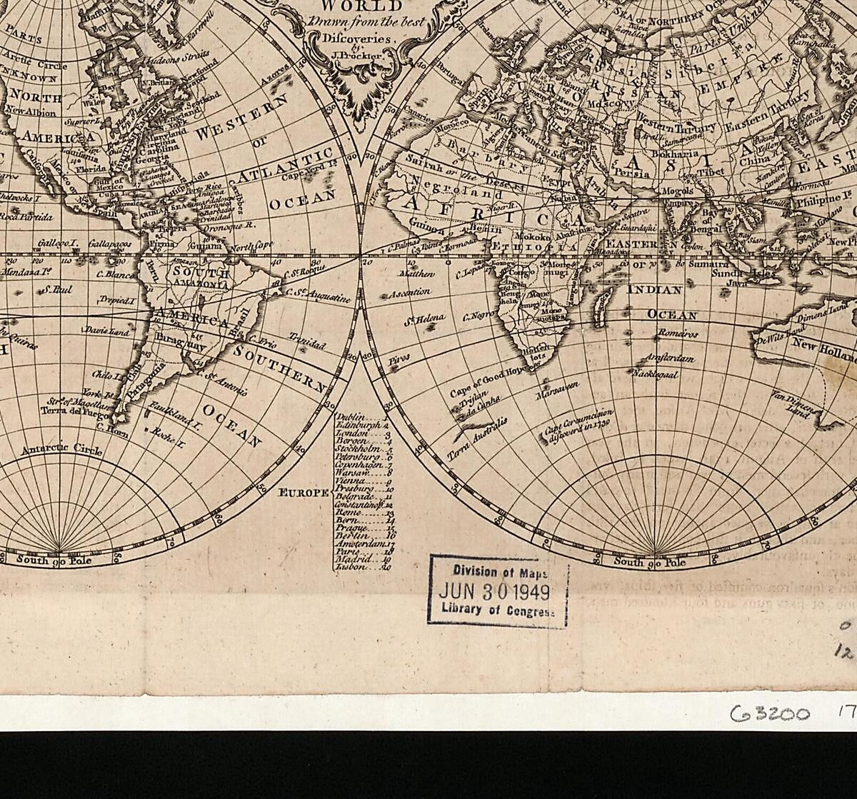 This old map of A Correct Map of the World Drawn from the Best Discoveries from 1760 was created by J. Prockter in 1760