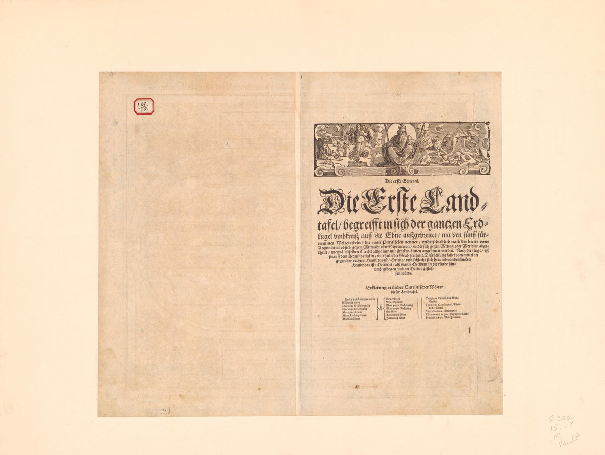Die Erst General Tafel Die Beschreibung Und Den Circkel Des Gantzen Erdtrichs Und Meers Innhaltende. (Erste Landtafel Begreifft In Sich Der Ganzen Erdkugel) 1588 by Relic Map Company