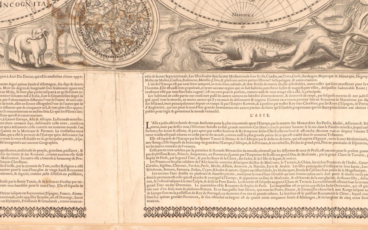 This old map of Nova Totius Terrarum Orbis Geographica Ac Hydrographica Tabula (Briefve Declaration De La Division, Forme & Singularitez Du Monde) from 1636 was created by Jodocus Hondius, Jean Le Clerc, Henri Le Roy, Michel Van Lochom in 1636