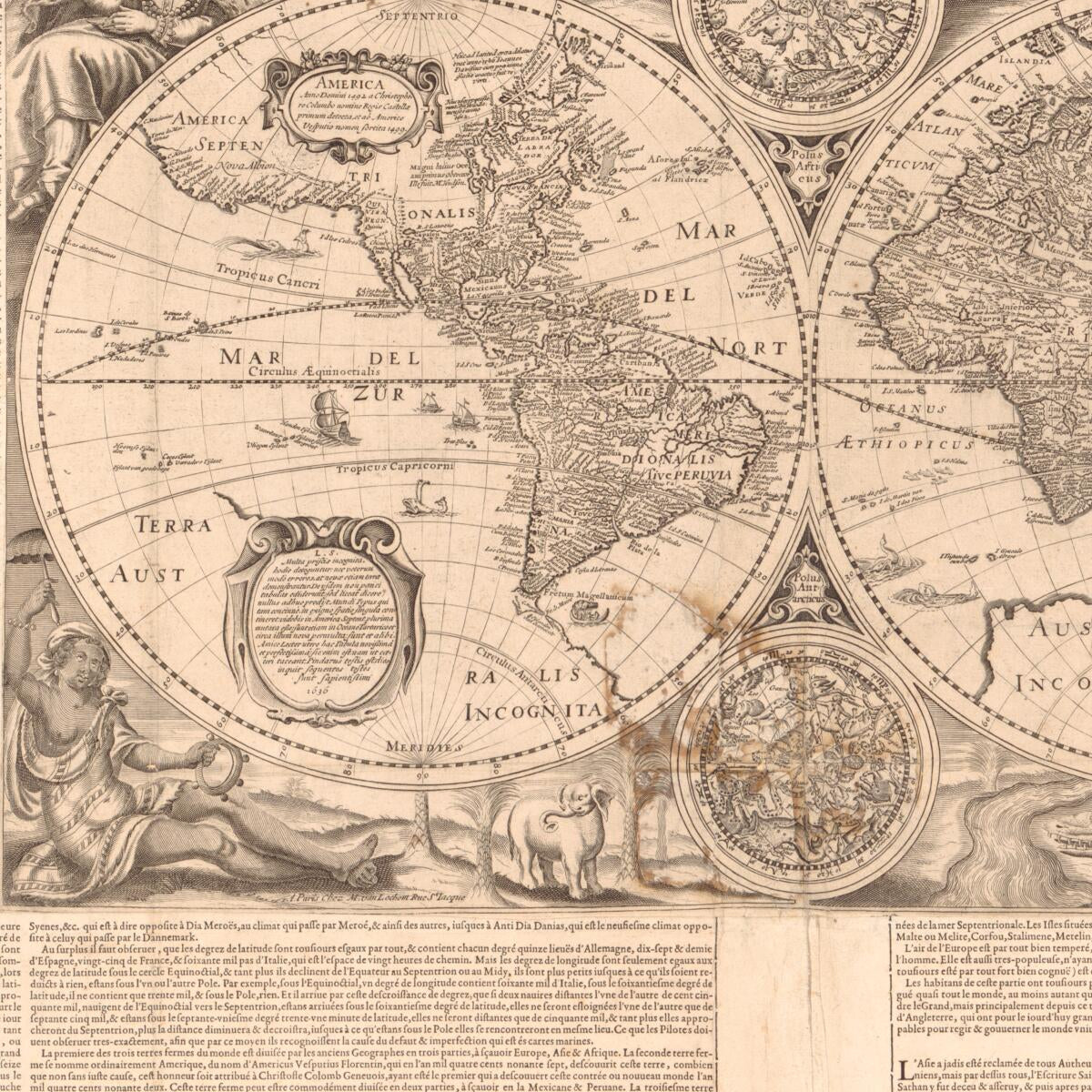 This old map of Nova Totius Terrarum Orbis Geographica Ac Hydrographica Tabula (Briefve Declaration De La Division, Forme & Singularitez Du Monde) from 1636 was created by Jodocus Hondius, Jean Le Clerc, Henri Le Roy, Michel Van Lochom in 1636