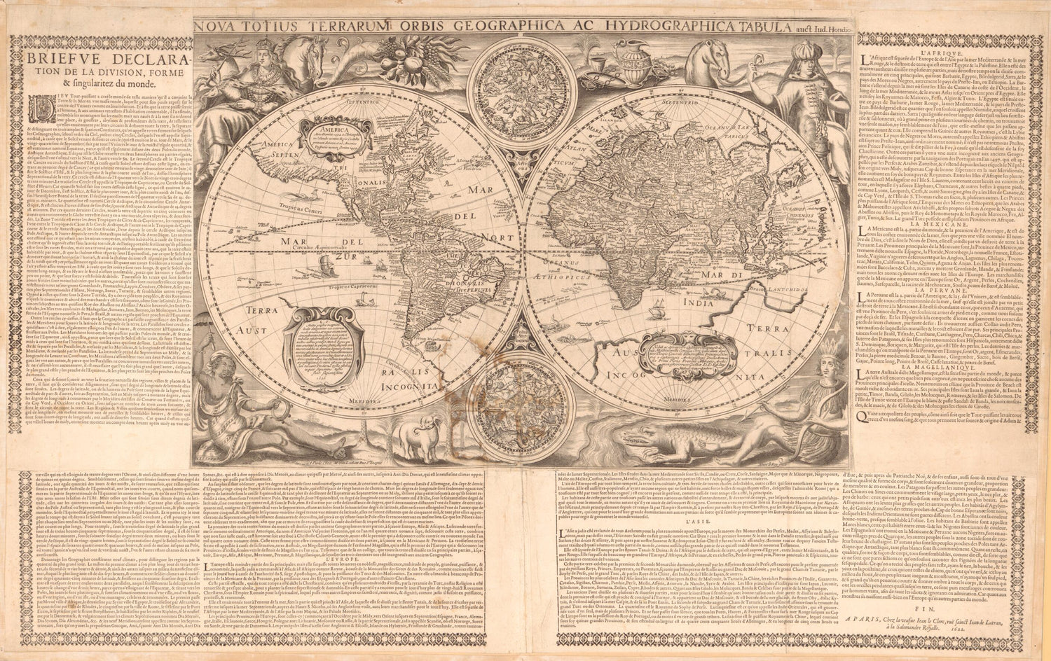 This old map of Nova Totius Terrarum Orbis Geographica Ac Hydrographica Tabula (Briefve Declaration De La Division, Forme & Singularitez Du Monde) from 1636 was created by Jodocus Hondius, Jean Le Clerc, Henri Le Roy, Michel Van Lochom in 1636