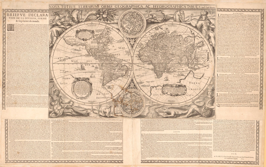 This old map of Nova Totius Terrarum Orbis Geographica Ac Hydrographica Tabula (Briefve Declaration De La Division, Forme & Singularitez Du Monde) from 1636 was created by Jodocus Hondius, Jean Le Clerc, Henri Le Roy, Michel Van Lochom in 1636