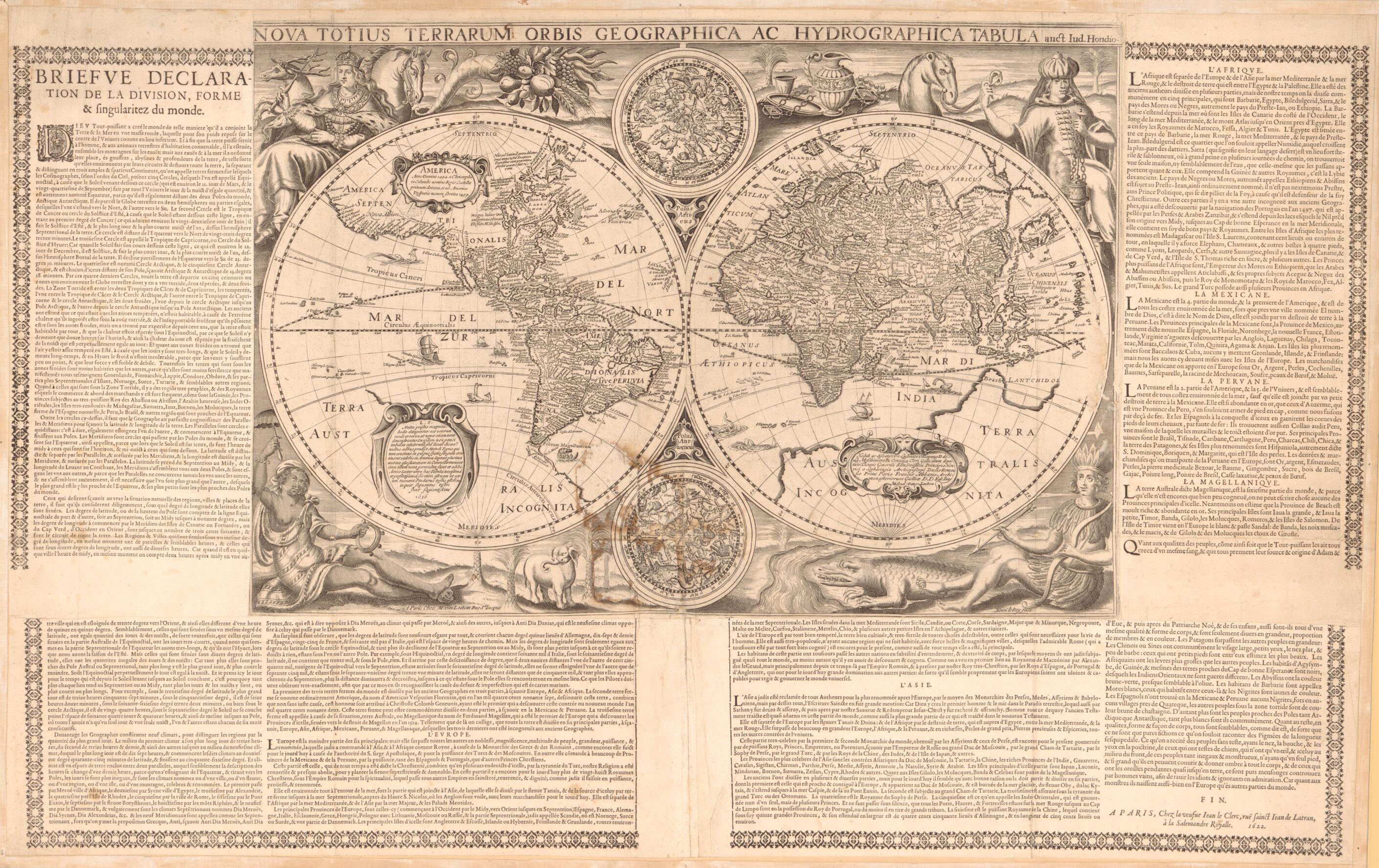 This old map of Nova Totius Terrarum Orbis Geographica Ac Hydrographica Tabula (Briefve Declaration De La Division, Forme & Singularitez Du Monde) from 1636 was created by Jodocus Hondius, Jean Le Clerc, Henri Le Roy, Michel Van Lochom in 1636