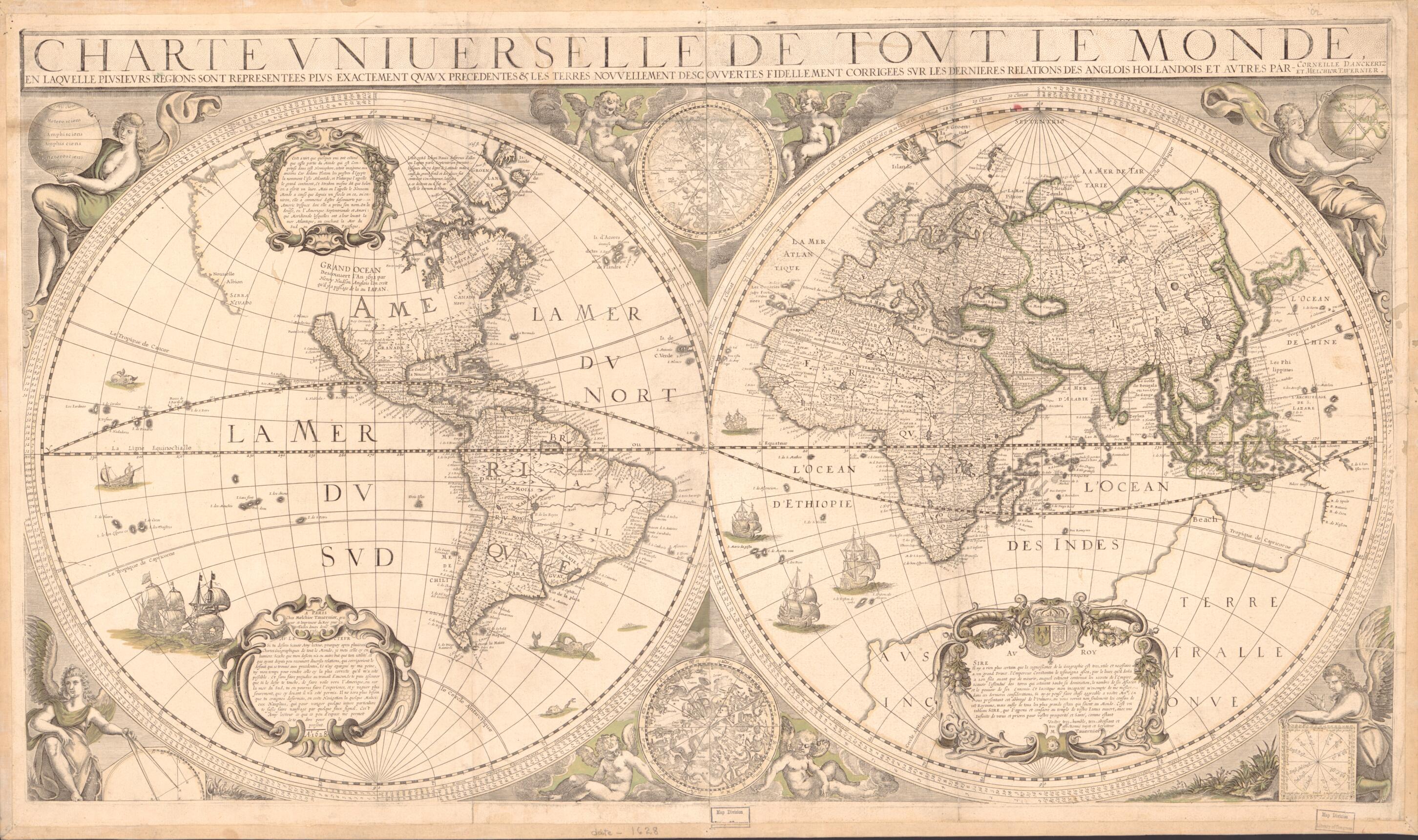 This old map of Charte Vniuerselle De Tovt Le Monde : En Laqvelle Plvsievrs Regions Representees Plvs Exactement Qvavx Precedentes & Les Terres Novvellement Descovvertes Fidellement Corrigees Svr Les Dernieres Relations Des Anglois, Hollandois Et Avtres