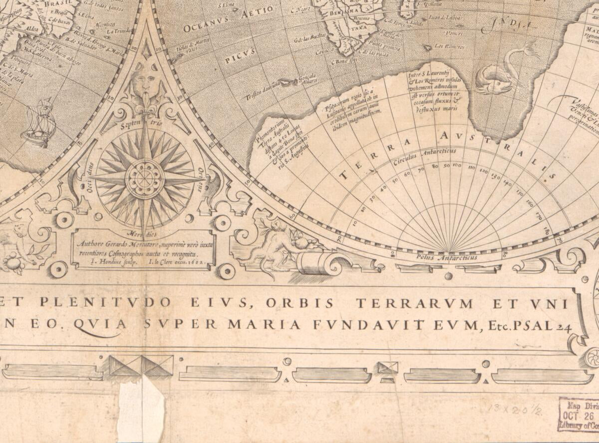This old map of Orbis Terrae Novissima Descriptio from 1602 was created by Jodocus Hondius, Jean Leclerc, Gerhard Mercator in 1602