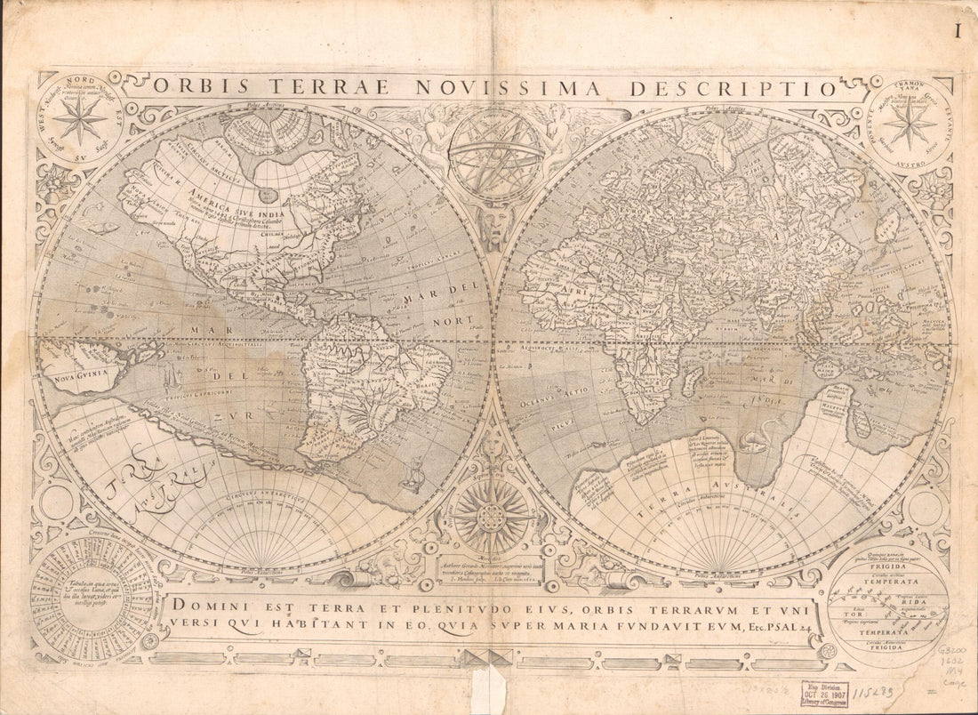 This old map of Orbis Terrae Novissima Descriptio from 1602 was created by Jodocus Hondius, Jean Leclerc, Gerhard Mercator in 1602