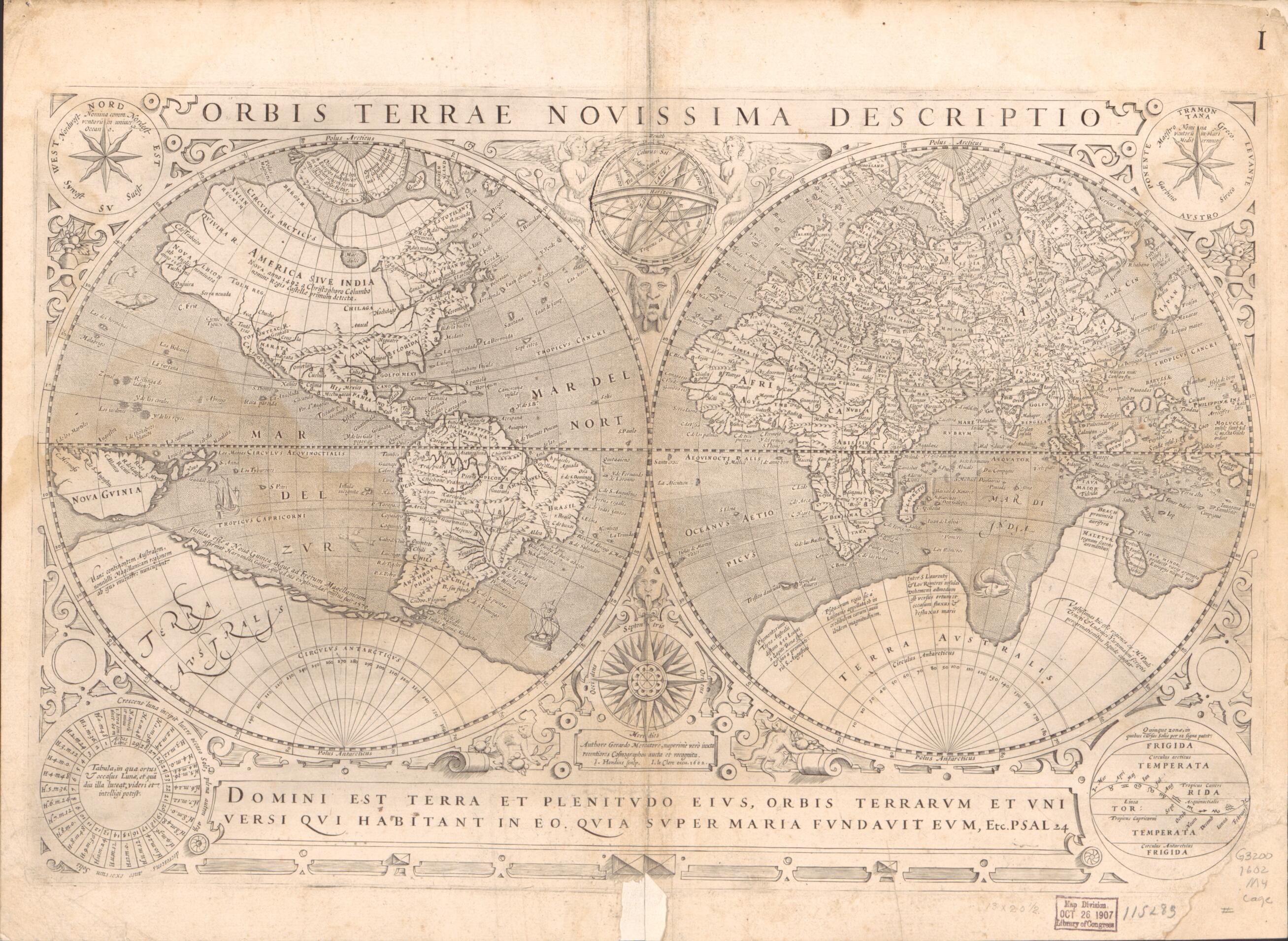 This old map of Orbis Terrae Novissima Descriptio from 1602 was created by Jodocus Hondius, Jean Leclerc, Gerhard Mercator in 1602
