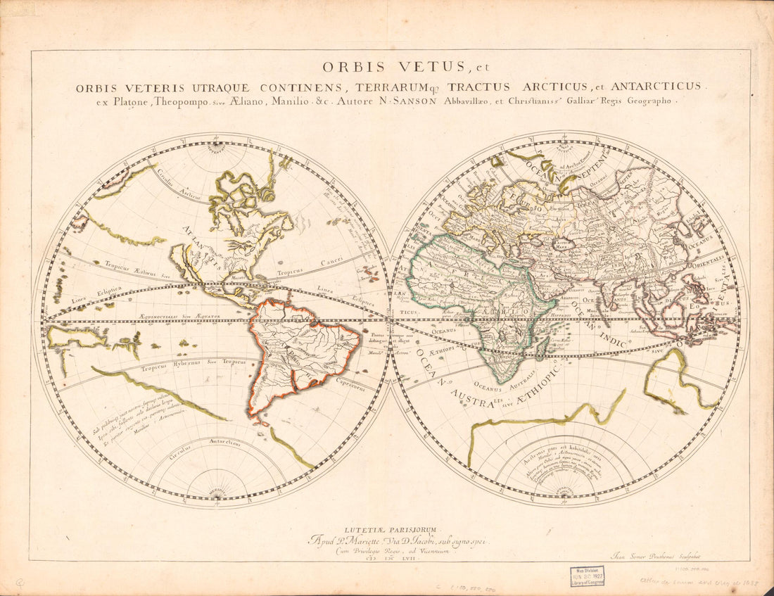 This old map of Orbis Vetus Et Orbis Veteris Utraque Continens, Terrarumque Tractus Arcticus Et Antarticus Ex Platone, Theopompo Sive Aeliano, Manilio &tc from 1657 was created by Pierre Mariette, Nicolas Sanson, J. Somer in 1657