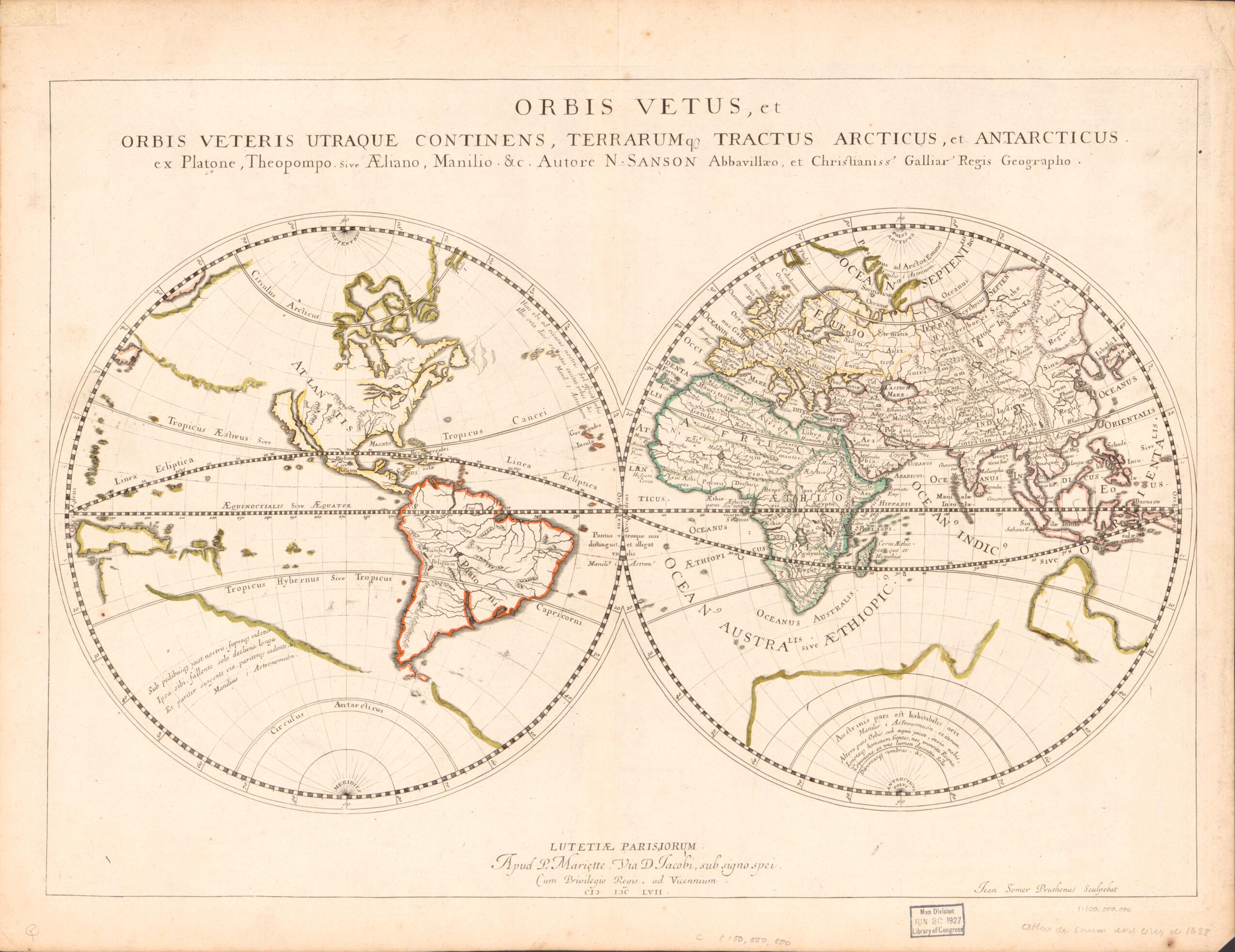 This old map of Orbis Vetus Et Orbis Veteris Utraque Continens, Terrarumque Tractus Arcticus Et Antarticus Ex Platone, Theopompo Sive Aeliano, Manilio &tc from 1657 was created by Pierre Mariette, Nicolas Sanson, J. Somer in 1657