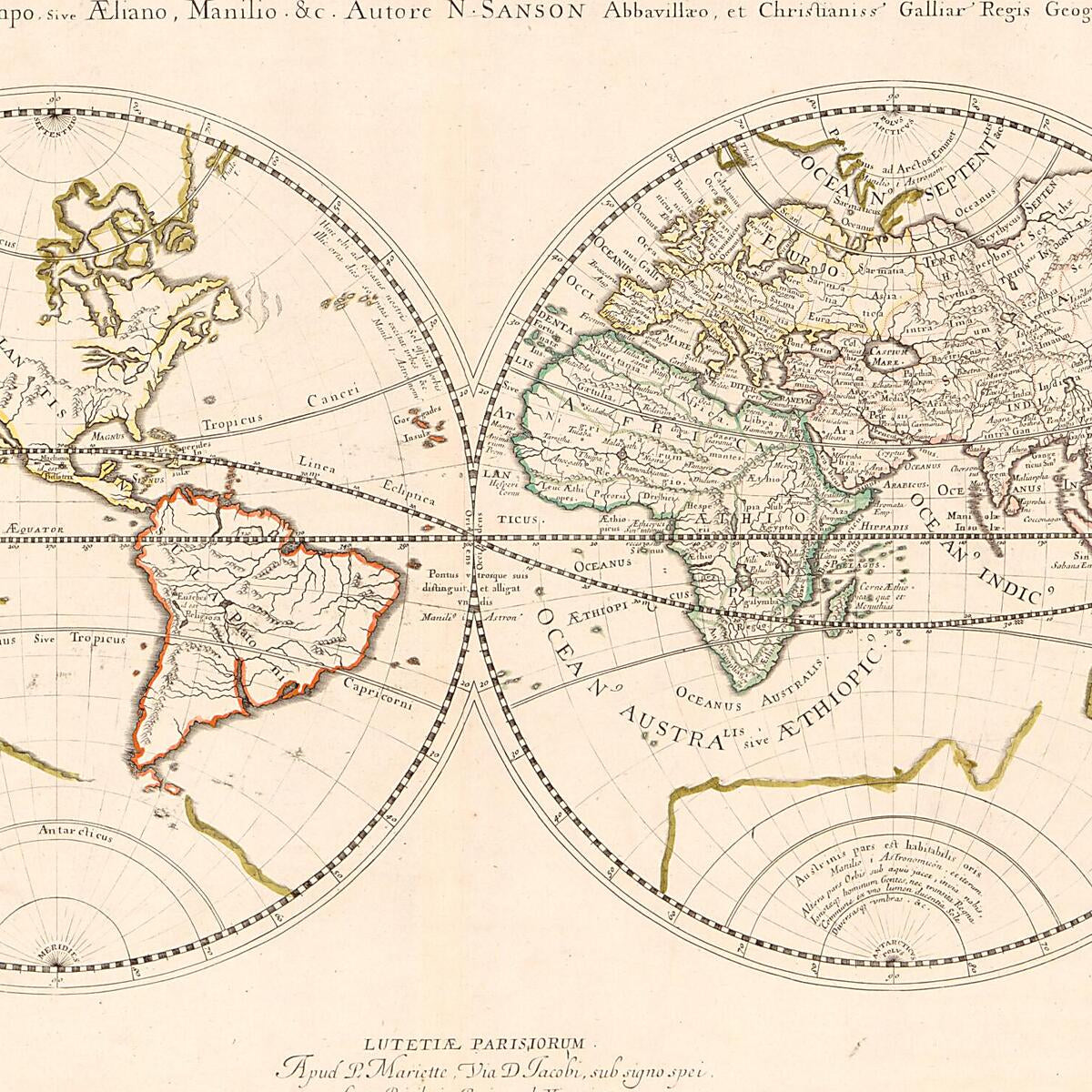 This old map of Orbis Vetus Et Orbis Veteris Utraque Continens, Terrarumque Tractus Arcticus Et Antarticus Ex Platone, Theopompo Sive Aeliano, Manilio &tc from 1657 was created by Pierre Mariette, Nicolas Sanson, J. Somer in 1657
