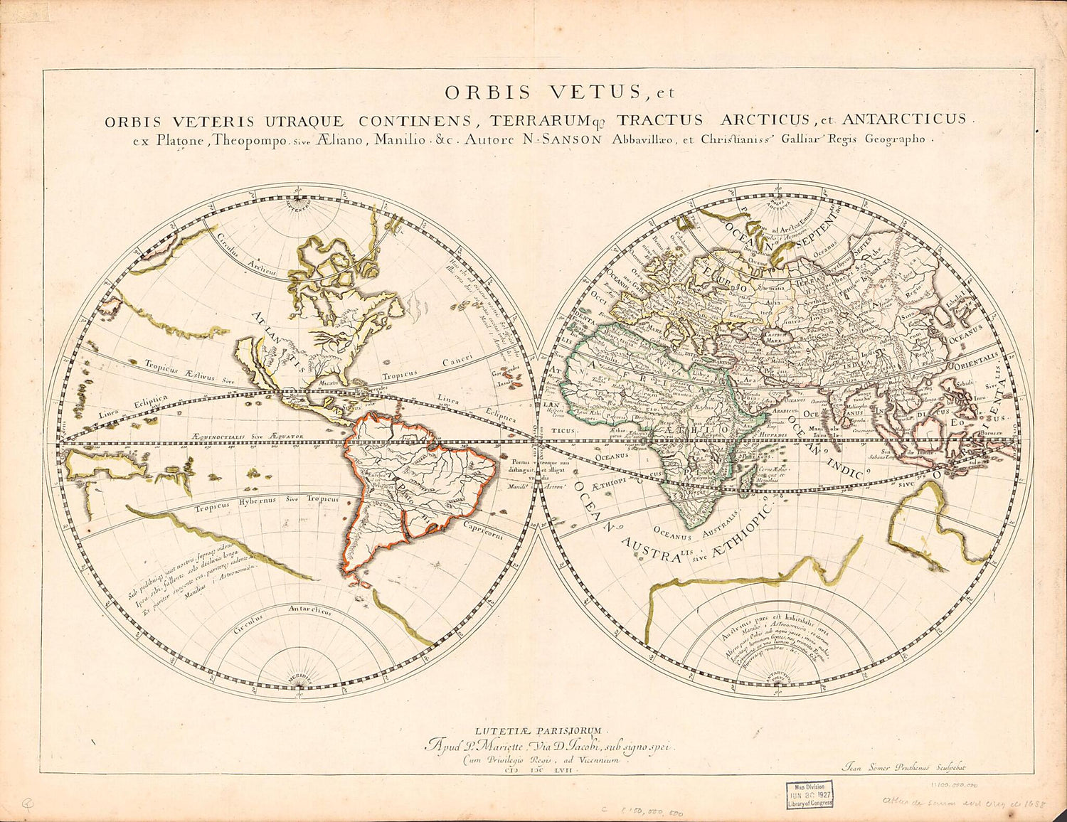 This old map of Orbis Vetus Et Orbis Veteris Utraque Continens, Terrarumque Tractus Arcticus Et Antarticus Ex Platone, Theopompo Sive Aeliano, Manilio &tc from 1657 was created by Pierre Mariette, Nicolas Sanson, J. Somer in 1657