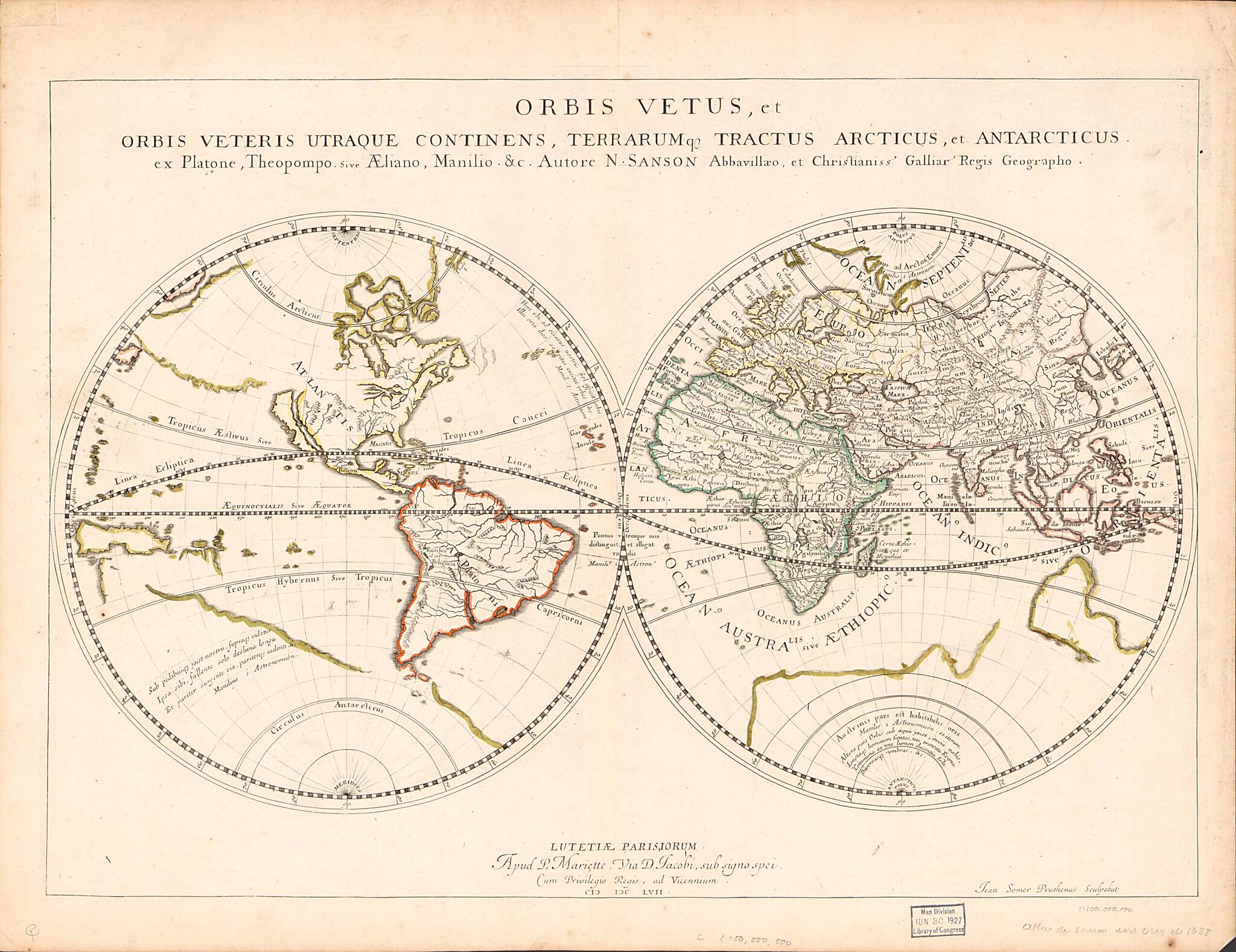 This old map of Orbis Vetus Et Orbis Veteris Utraque Continens, Terrarumque Tractus Arcticus Et Antarticus Ex Platone, Theopompo Sive Aeliano, Manilio &tc from 1657 was created by Pierre Mariette, Nicolas Sanson, J. Somer in 1657