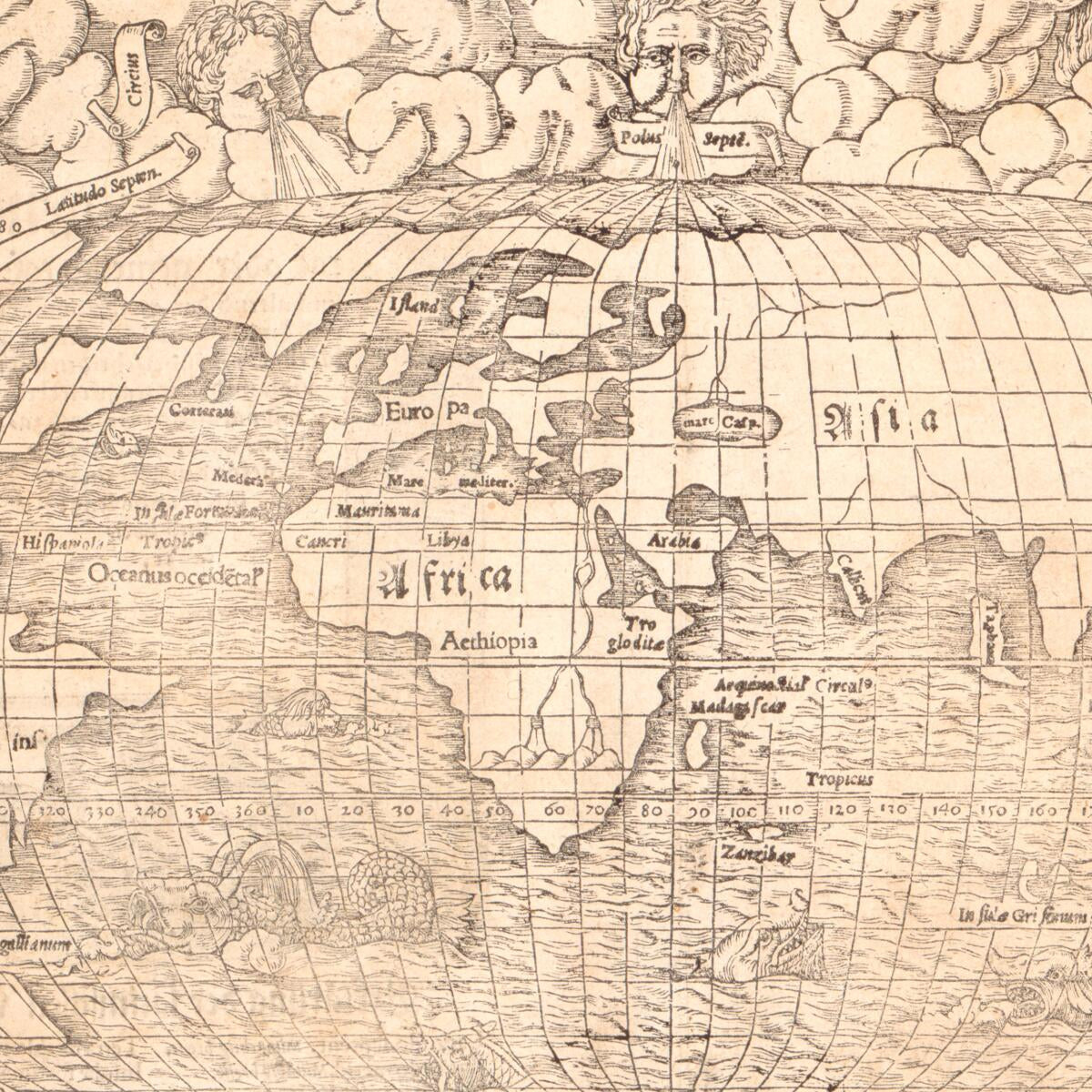 This old map of Das Erst General Inhaltend Die Beschreibung Und Den Circkel Des Gantzen Erdtrichs Und Moeres. (Erst General Oder Gemeine Tafeln Innhaltend Den Gantzen Umbkreiss Und Kugel Der Welt) from 1569 was created by Sebastian Henricpetri, David Kan