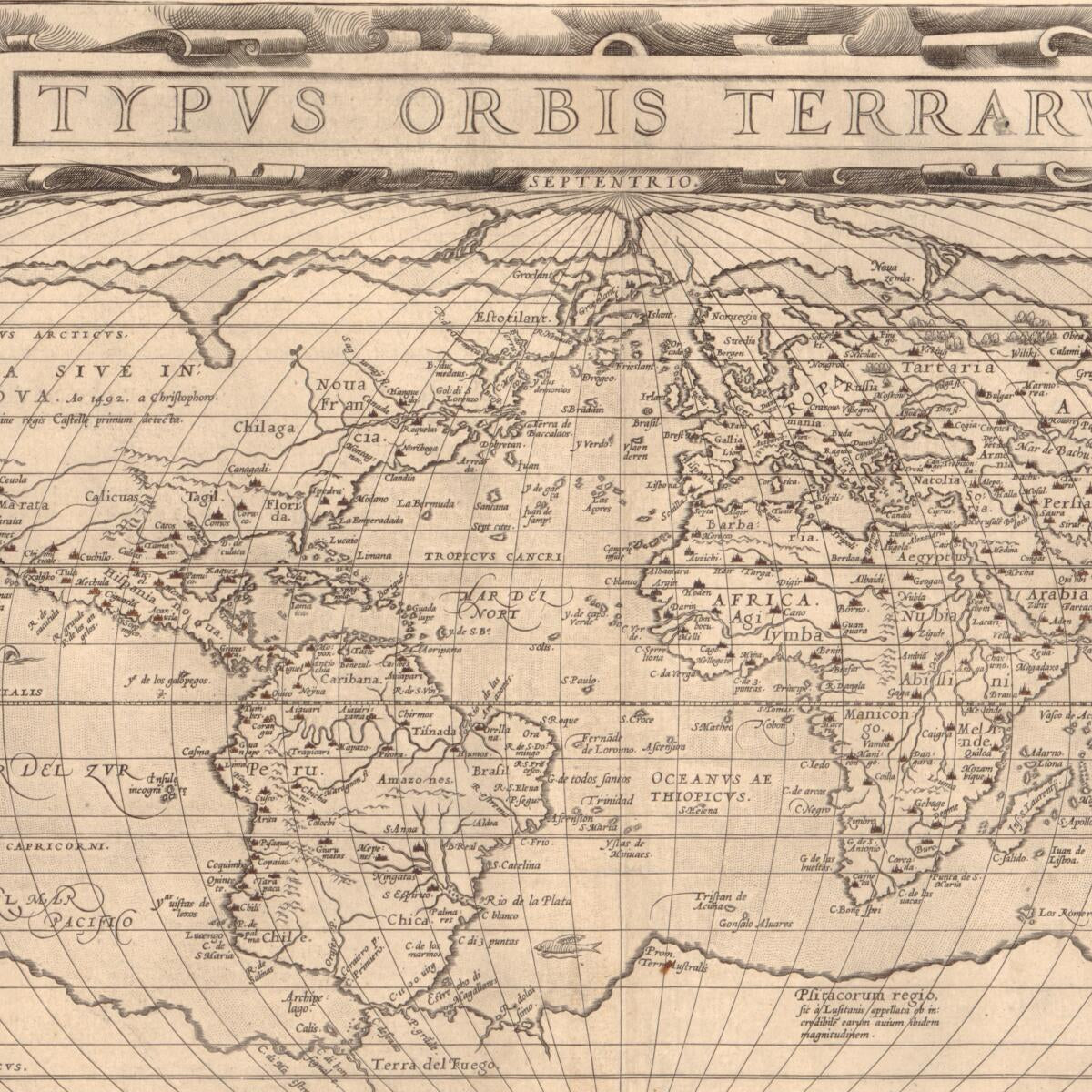 This old map of Typvs Orbis Terrarvm (Typus Orbis Terrarum) from 1584 was created by Frans Hogenberg, Abraham Ortelius in 1584