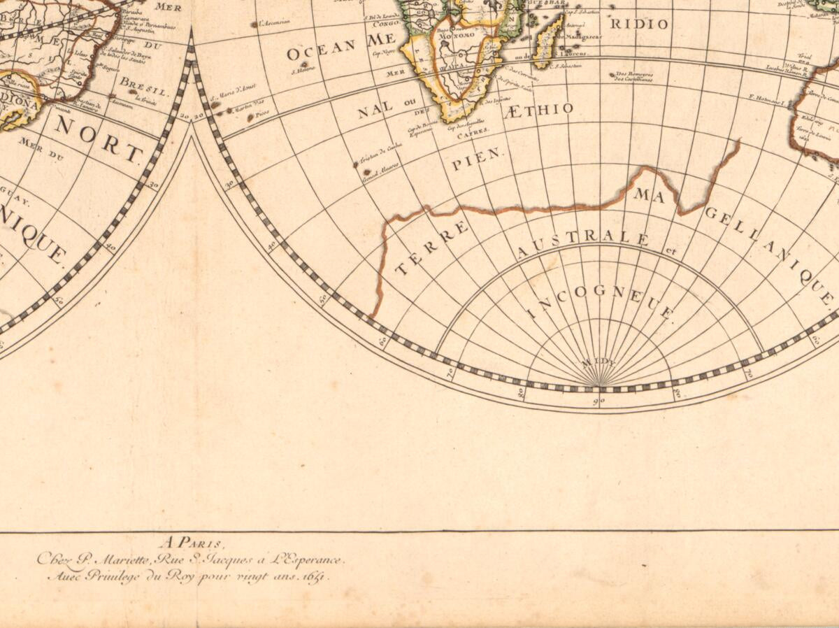 This old map of Monde, Ou Carte Générale Du Monde : Dessignée En Deux Plan-hemispheres from 1651 was created by Pierre Mariette,  Rivière, Nicolas Sanson in 1651