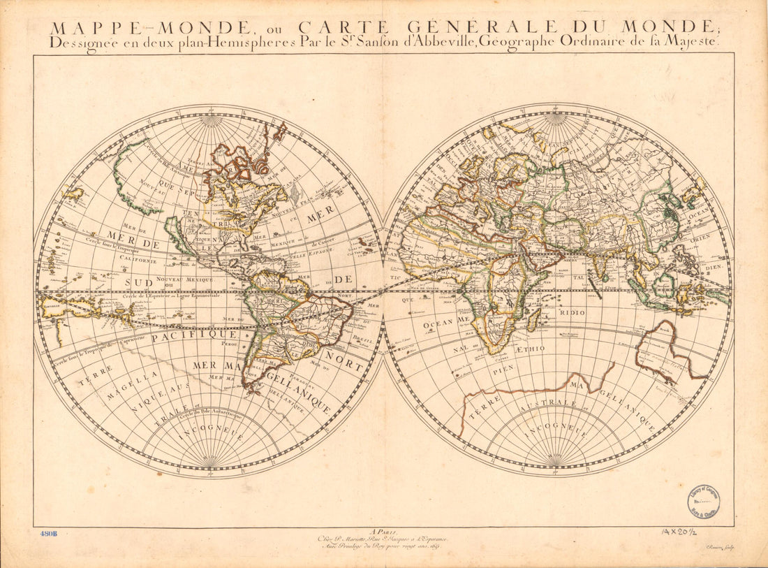This old map of Monde, Ou Carte Générale Du Monde : Dessignée En Deux Plan-hemispheres from 1651 was created by Pierre Mariette, Rivière, Nicolas Sanson in 1651