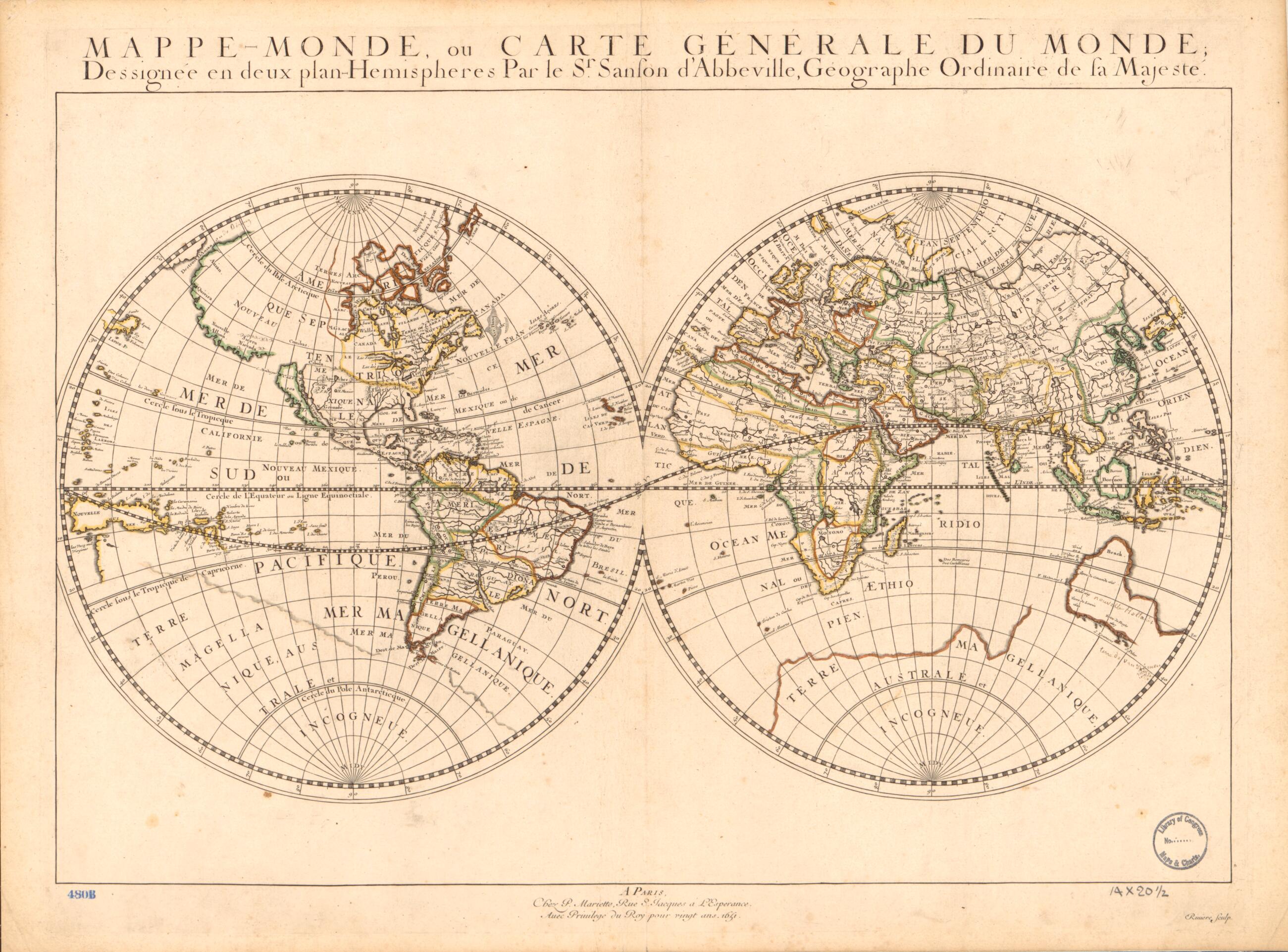 This old map of Monde, Ou Carte Générale Du Monde : Dessignée En Deux Plan-hemispheres from 1651 was created by Pierre Mariette, Rivière, Nicolas Sanson in 1651
