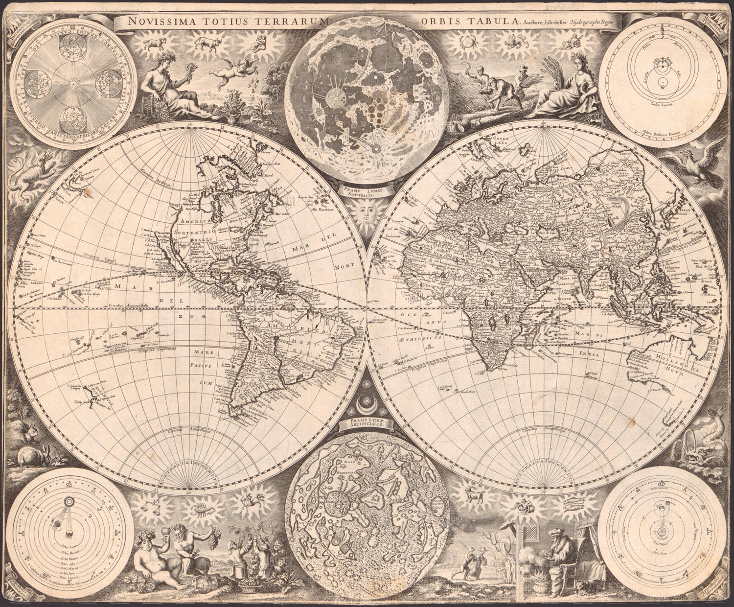 This old map of Novissima Totius Terrarum Orbis Tabula from 1675 was created by John Seller in 1675