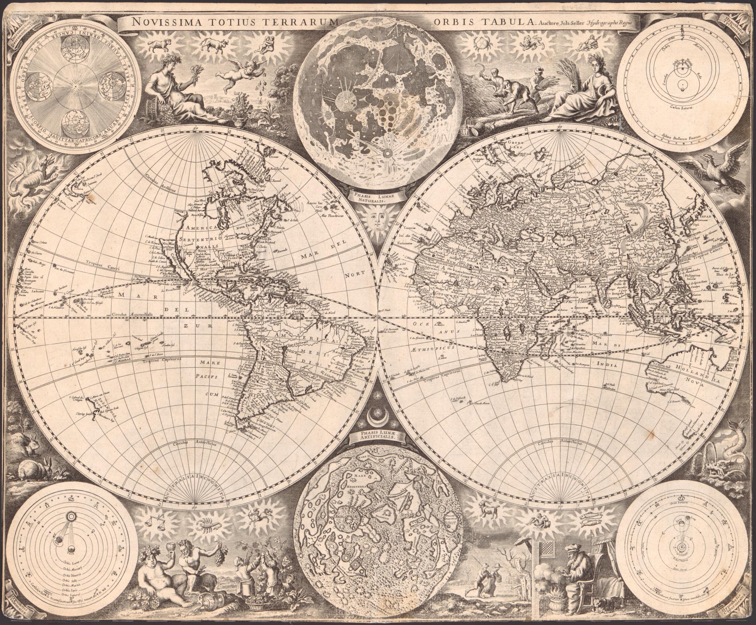 This old map of Novissima Totius Terrarum Orbis Tabula from 1675 was created by John Seller in 1675