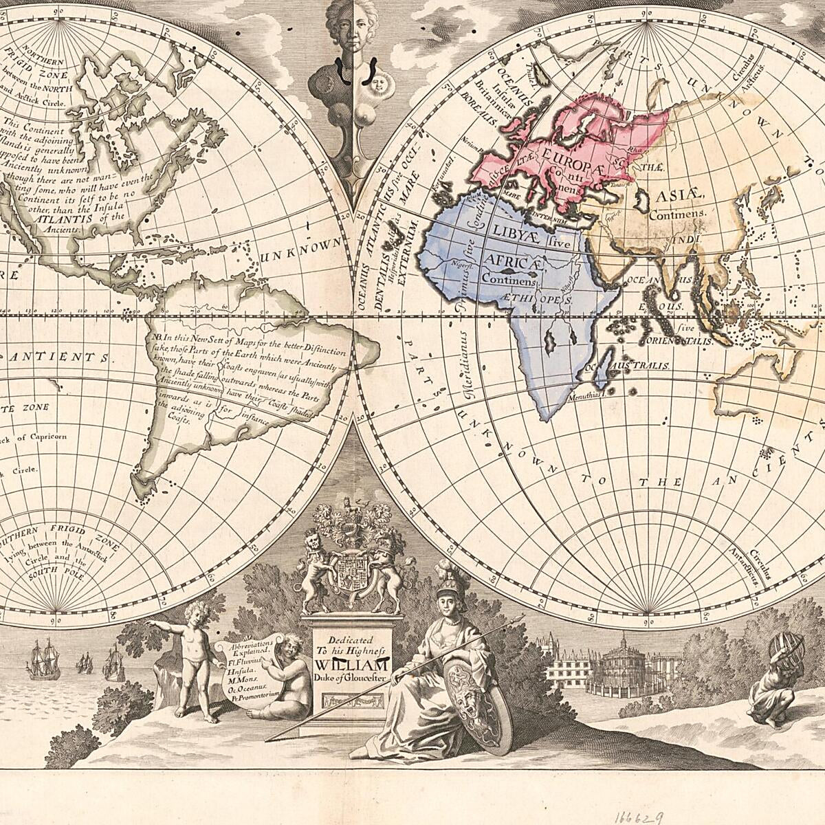 This old map of A New Map of the Terraqueous Globe According to the Ancient Discoveries and Most General Divisions of It Into Continents and Oceans from 1700 was created by Michael Burghers, Edward Wells in 1700