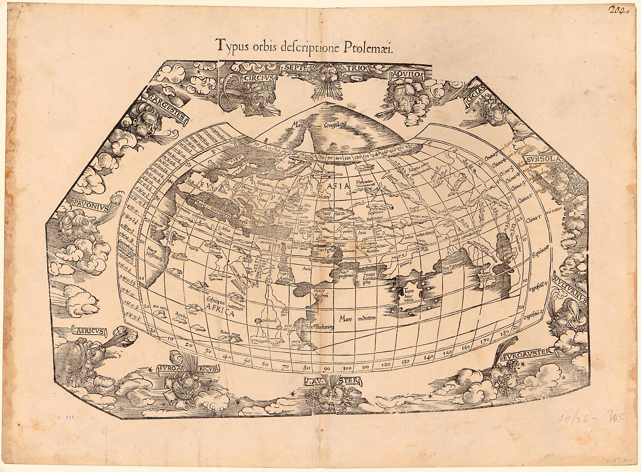 This old map of Typus Orbis Descriptione Ptolemaei from 1541 was created by Lorenz Fries, Ptolemy, Gaspard Trechsel in 1541