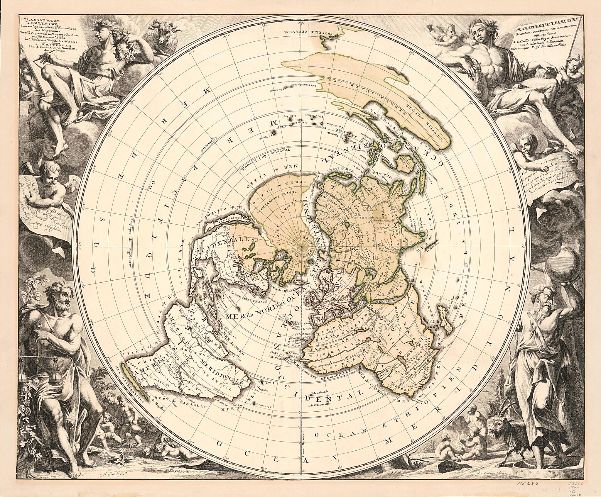 This old map of Planisphere Terrestre, Suivant Les Nouvelles Observations Des Astronomes (Planispherium Terrestre Secundum Recentiores Astronomorum Observationes) from 1721 was created by Jacques Cassini, Cóvens Et Mortier, Jan Goeree, Gilliam Van Der