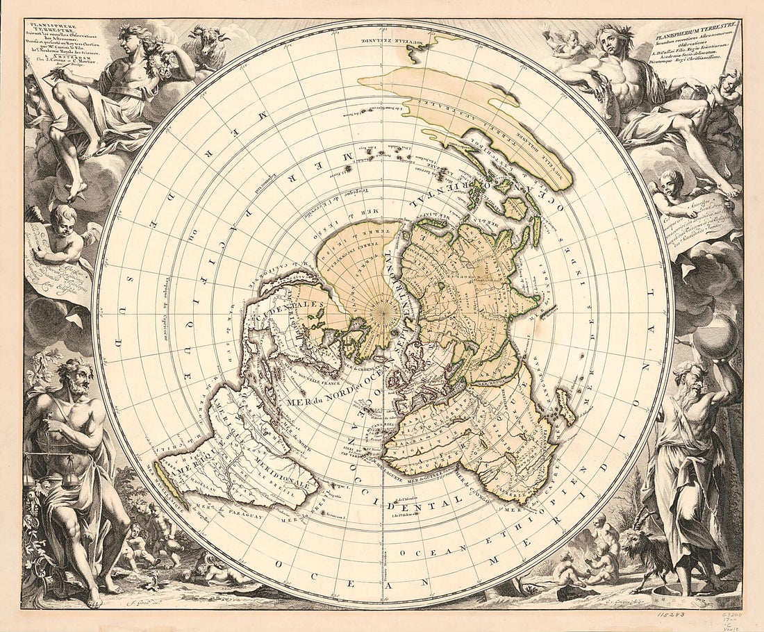 This old map of Planisphere Terrestre, Suivant Les Nouvelles Observations Des Astronomes (Planispherium Terrestre Secundum Recentiores Astronomorum Observationes) from 1721 was created by Jacques Cassini, Cóvens Et Mortier, Jan Goeree, Gilliam Van Der
