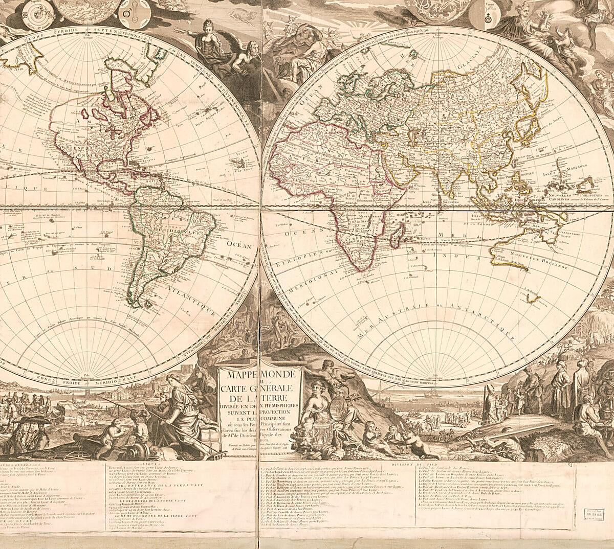 This old map of Monde, Ou Carte Générale De La Terre : Divisée En Deux Hémisphéres Suivant La Projéction La Plus Commune Ou Tous Les Points Principaux Sont Placez Sur Les Observations De Mesrs. De L&