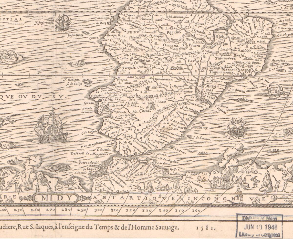 This old map of Le Novveav Monde Descovvert Et Illvstre De Nostre Temps (Nouveau Monde Descouvert Et Illustre De Nostre Temps) from 1581 was created by Guillaume Chaudière,  Lessing J. Rosenwald Collection (Library of Congress), André Thevet in 1581