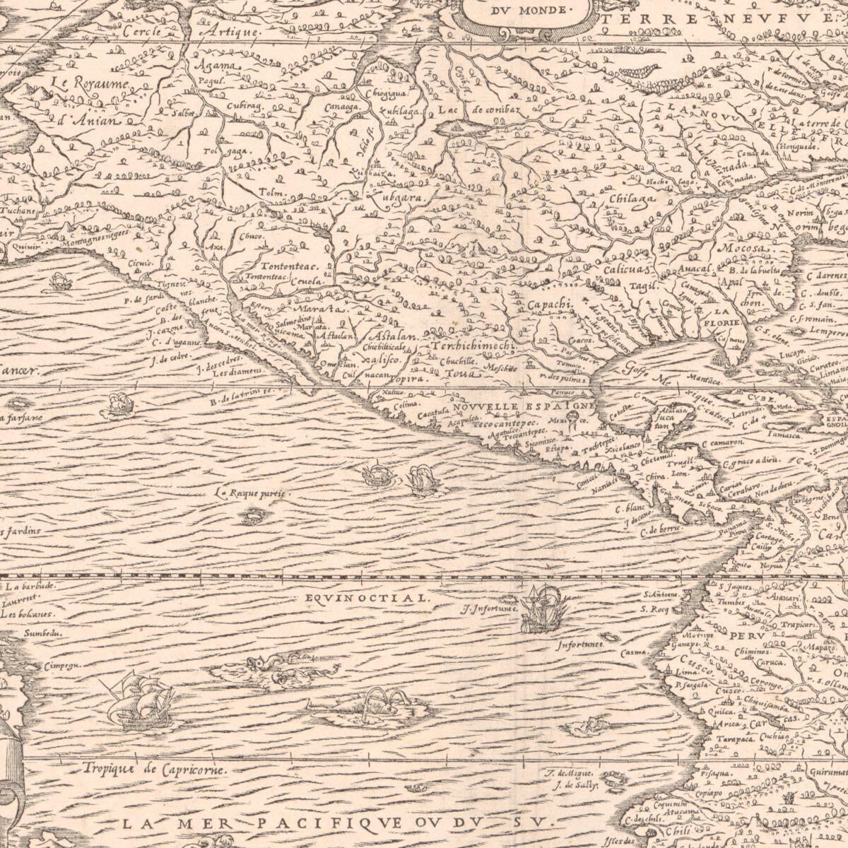 This old map of Le Novveav Monde Descovvert Et Illvstre De Nostre Temps (Nouveau Monde Descouvert Et Illustre De Nostre Temps) from 1581 was created by Guillaume Chaudière,  Lessing J. Rosenwald Collection (Library of Congress), André Thevet in 1581