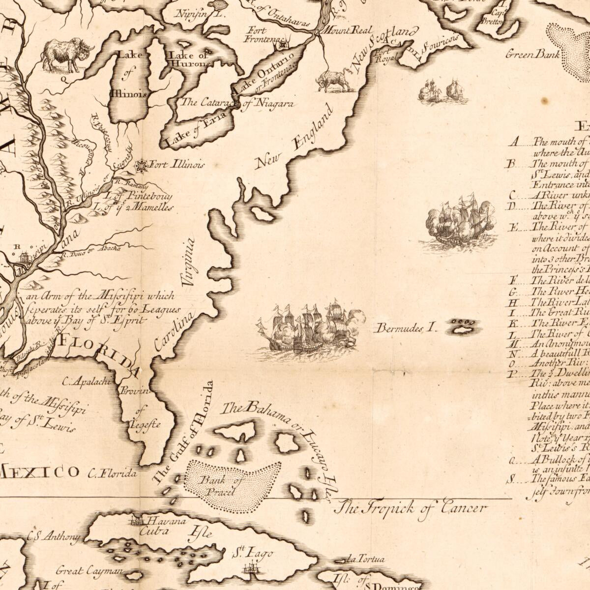 This old map of A New Map of the Country of Louisiana and of Ye River Missisipi In North America : Discou&